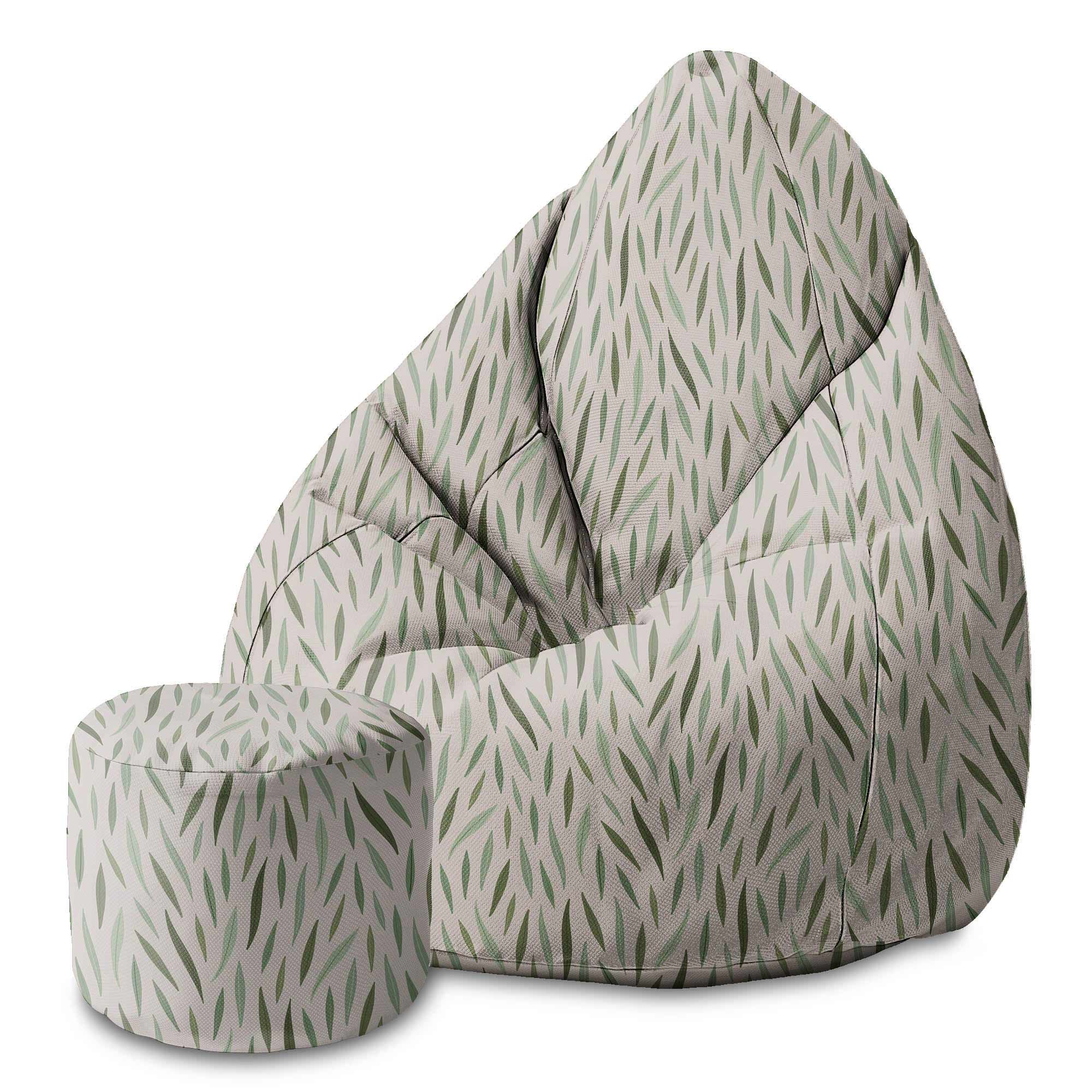Round Pouf Footstool Green Leaves Pattern-Oxford