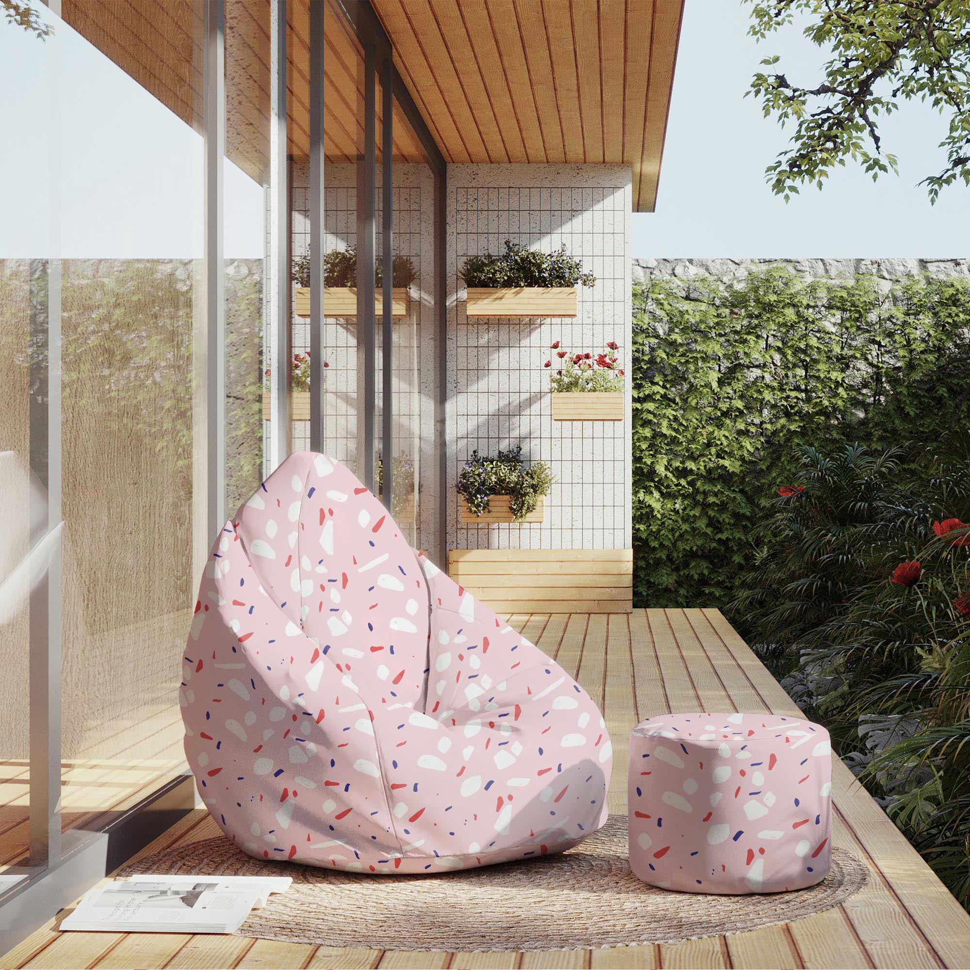 Round Pouf Footstool Pink Abstract-Velvet