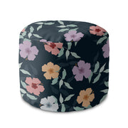 Round Pouf Footstool Simple Flowers on Navy-Oxford