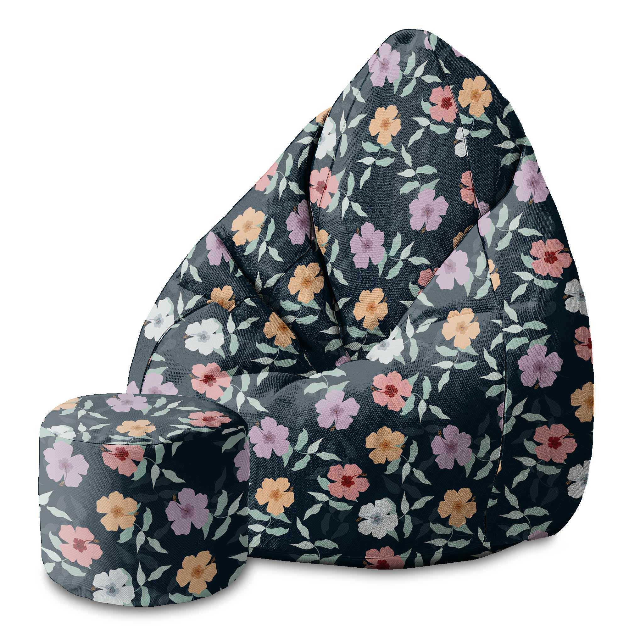 Round Pouf Footstool Simple Flowers on Navy-Oxford