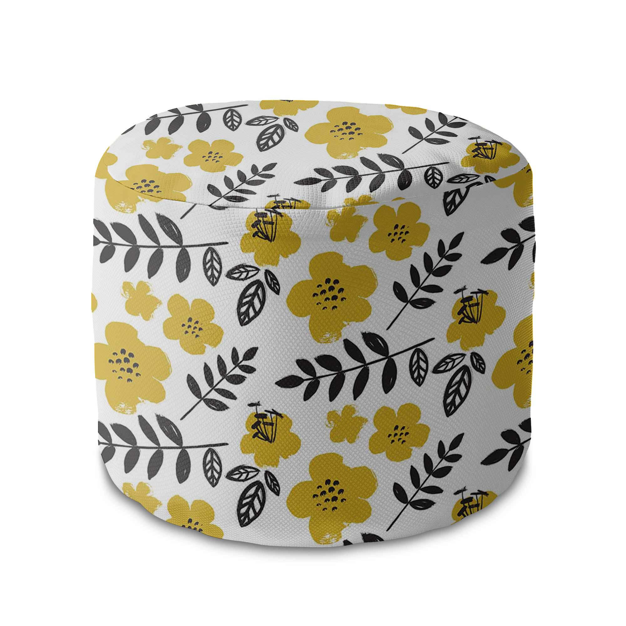 Round Pouf Footstool Painted Yellow Flowers