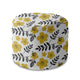 Round Pouf Footstool Painted Yellow Flowers-Velvet