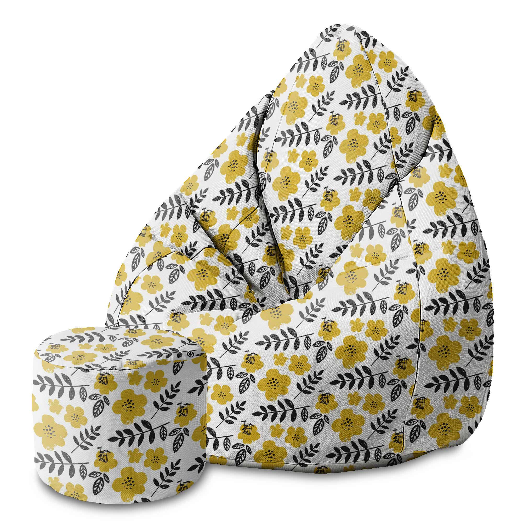 Round Pouf Footstool Painted Yellow Flowers-Velvet