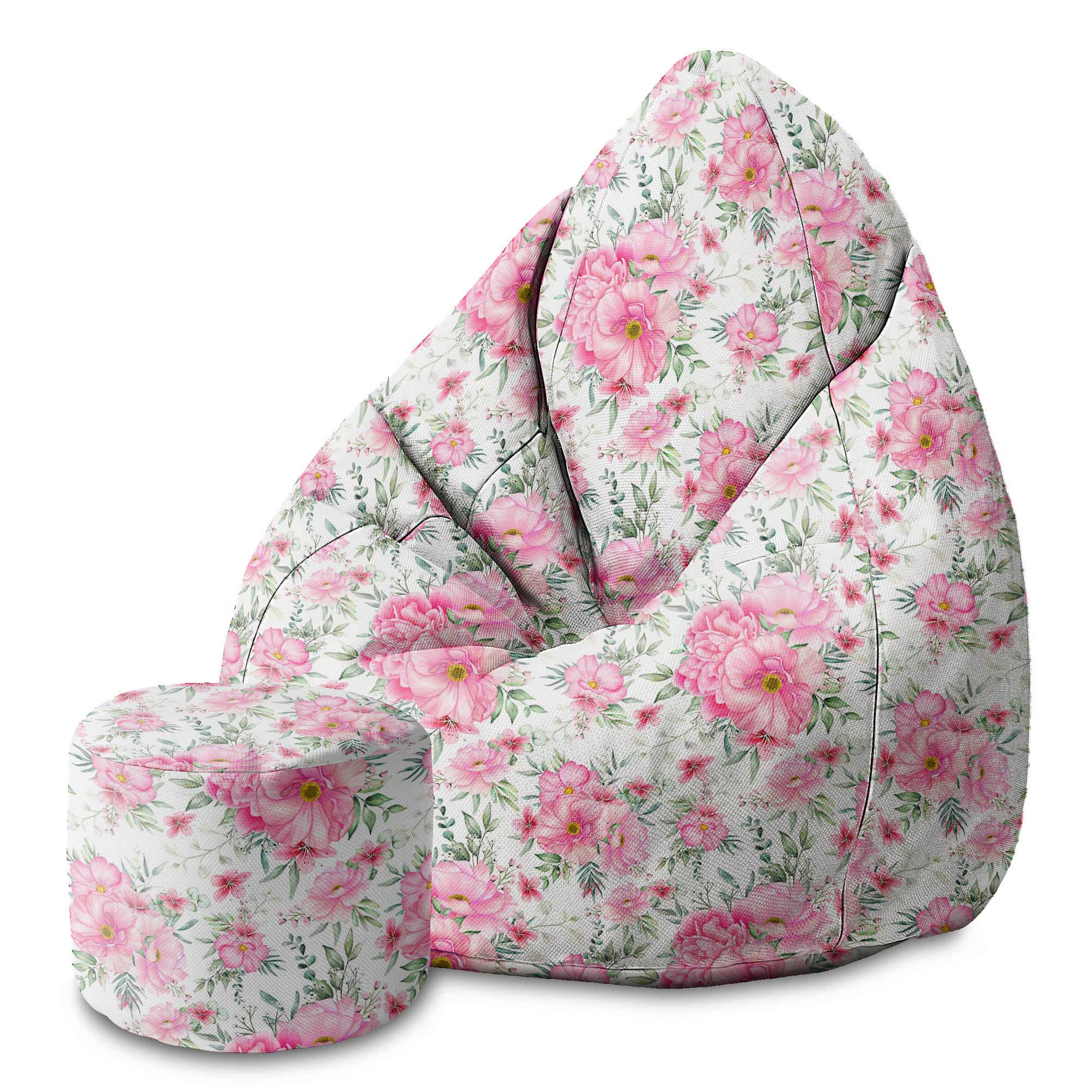 Round Pouf Footstool Rose Garden-Velvet