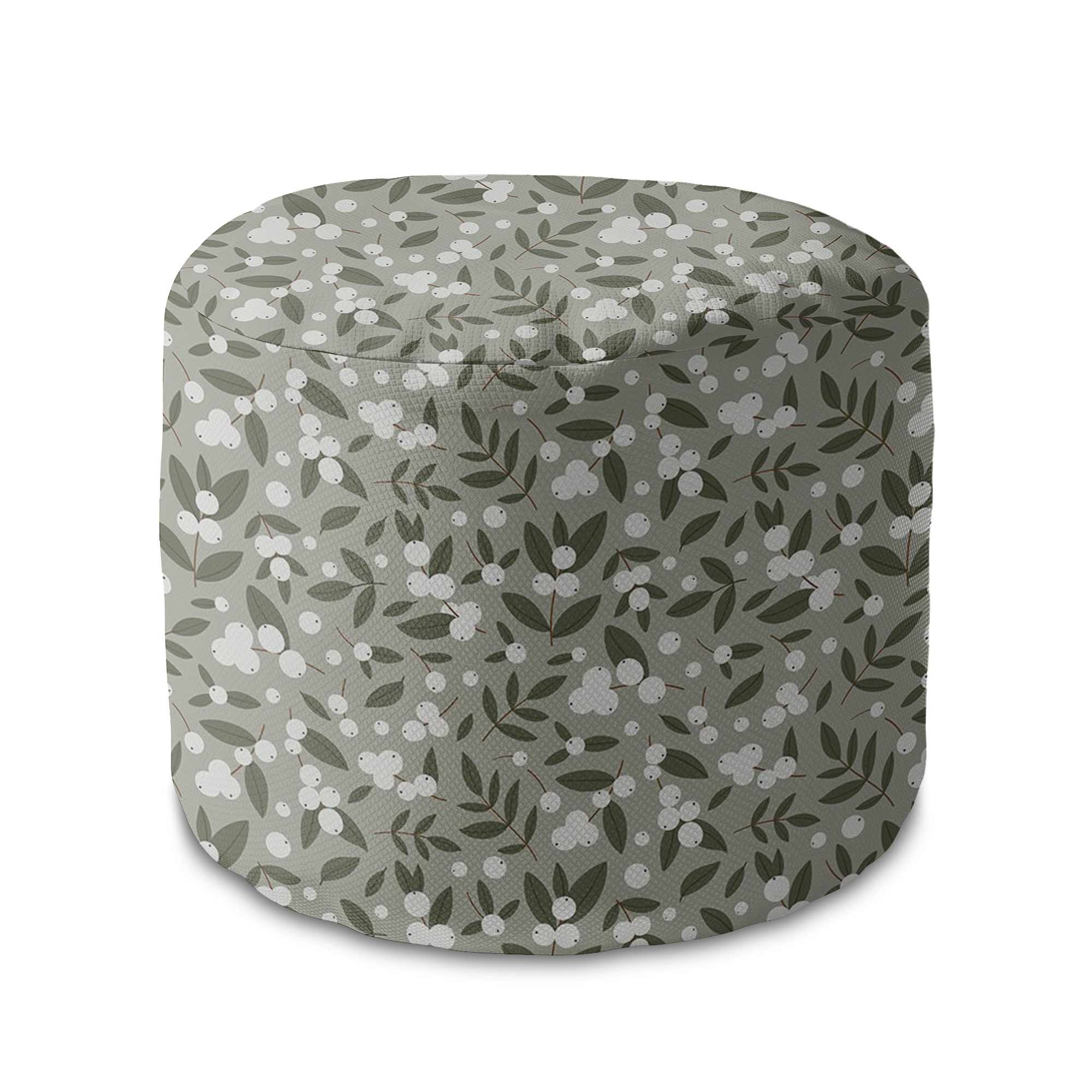 Round Pouf Footstool White Berries on Olive-Velvet