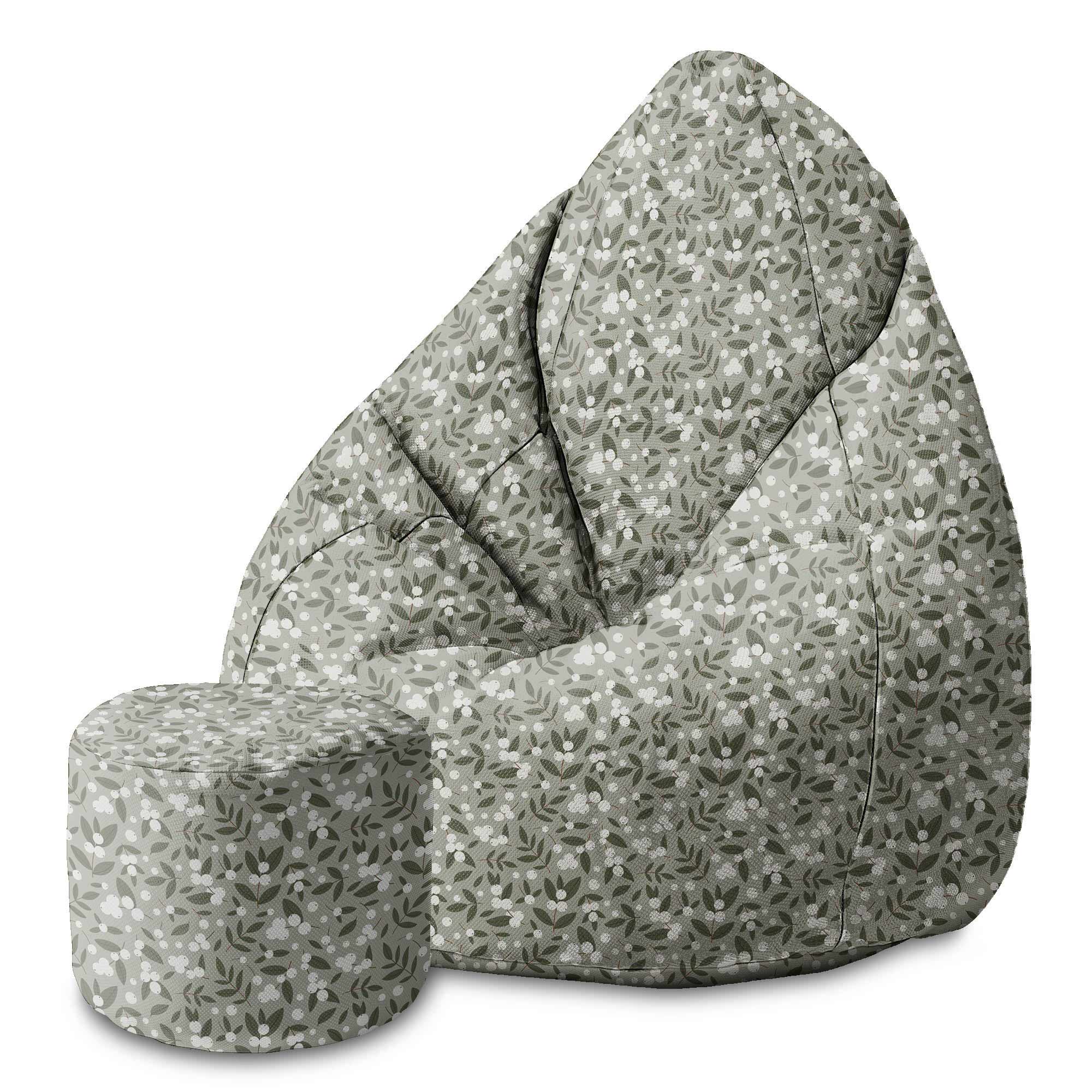 Round Pouf Footstool White Berries on Olive-Velvet