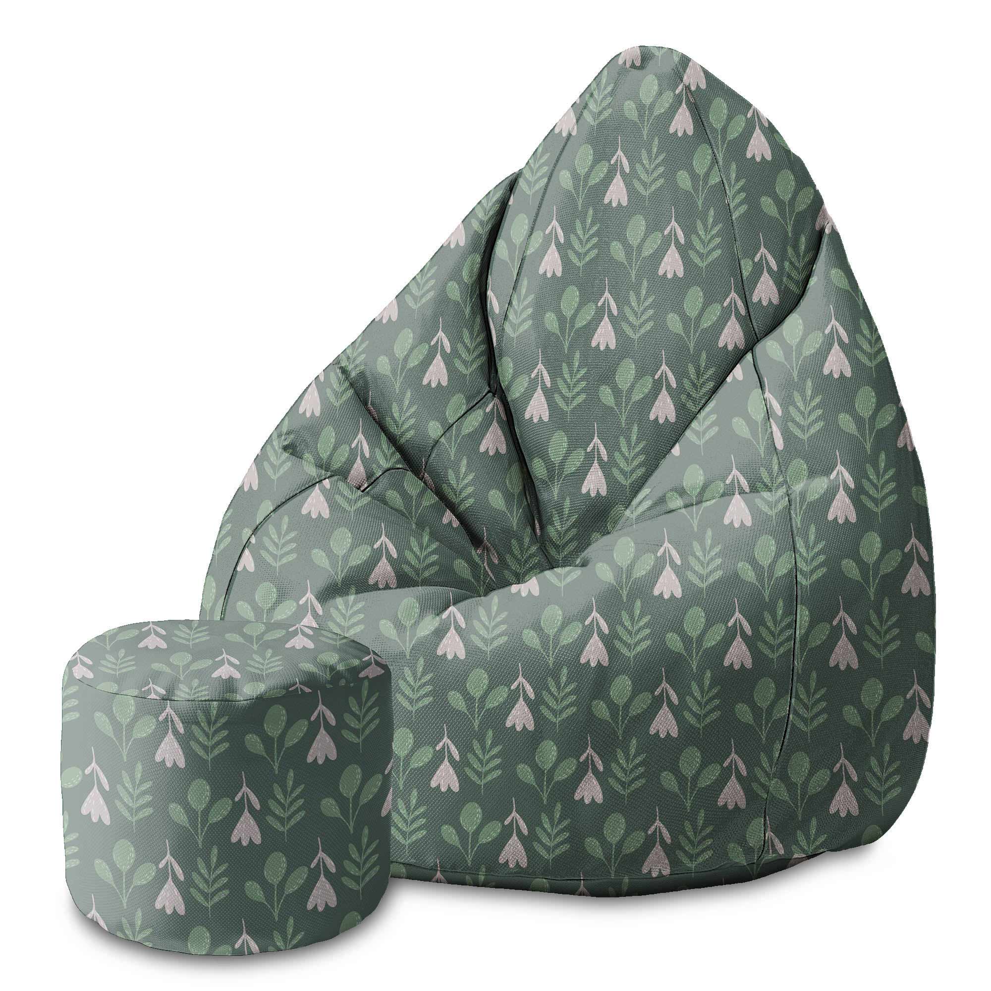 Round Pouf Footstool Folk Flowers on Green-Oxford