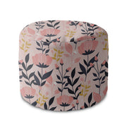 Round Pouf Footstool Pink and Navy Flowers-Velvet
