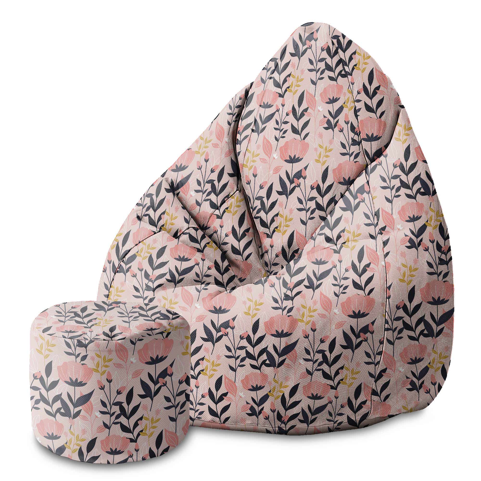 Round Pouf Footstool Pink and Navy Flowers-Velvet