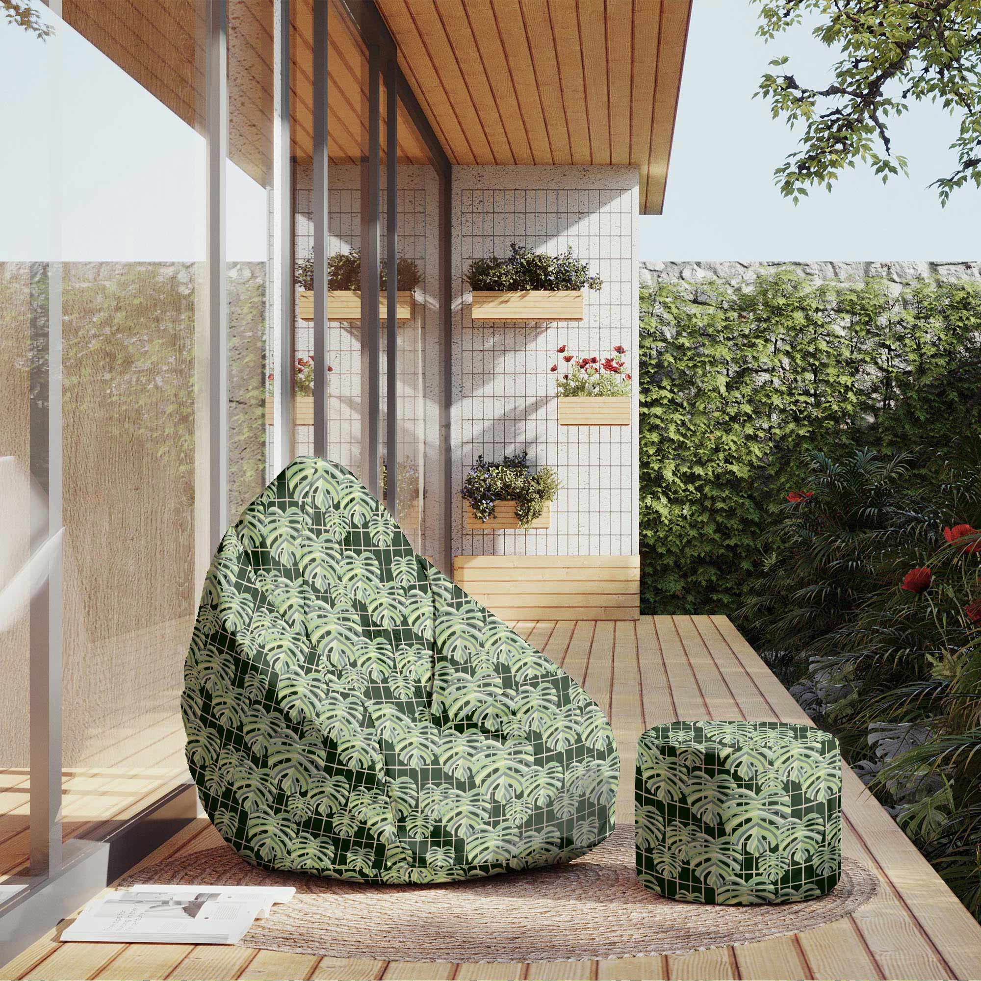 Round Pouf Footstool Monstera Leaves Grid-Oxford