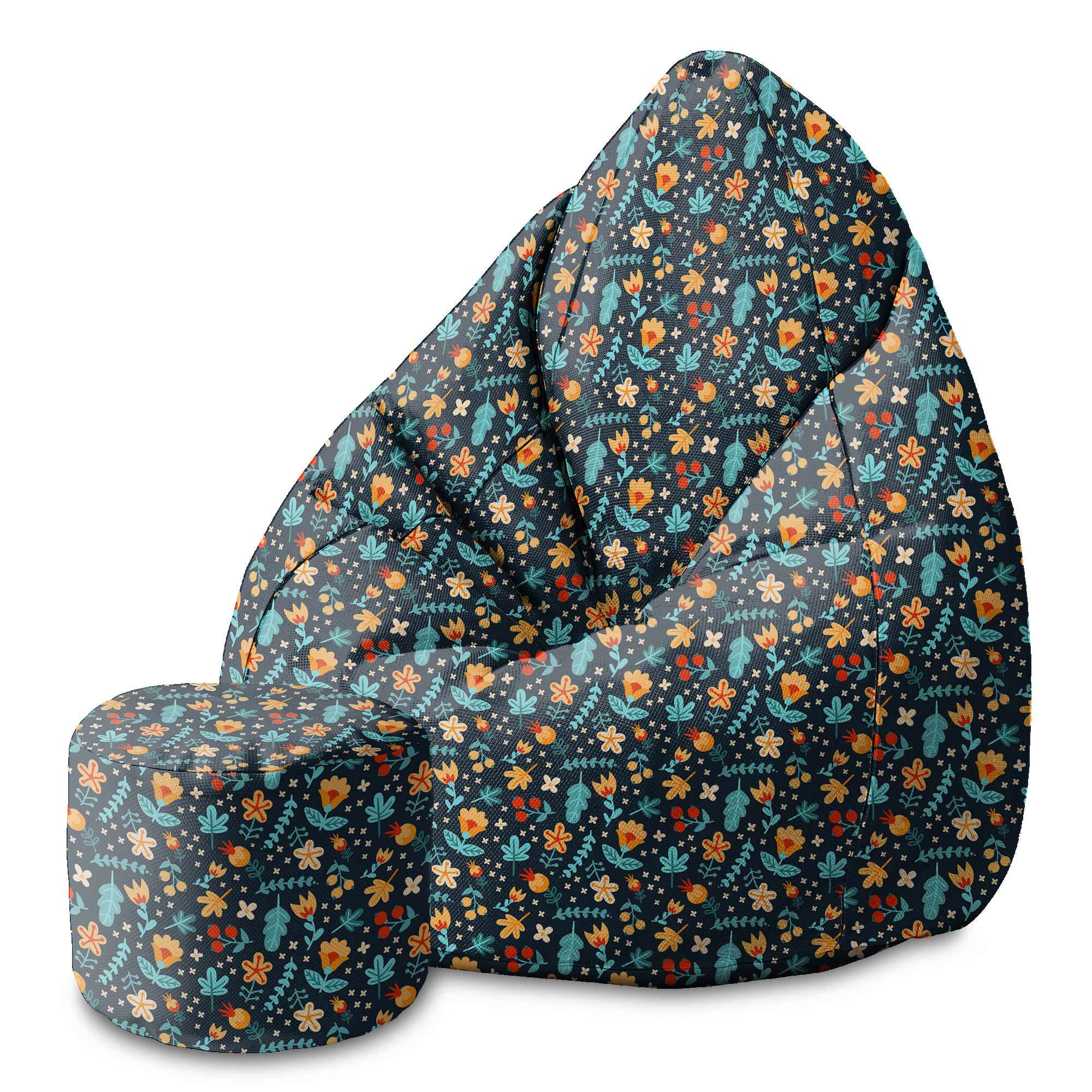 Round Pouf Footstool Scattered Flowers-Velvet