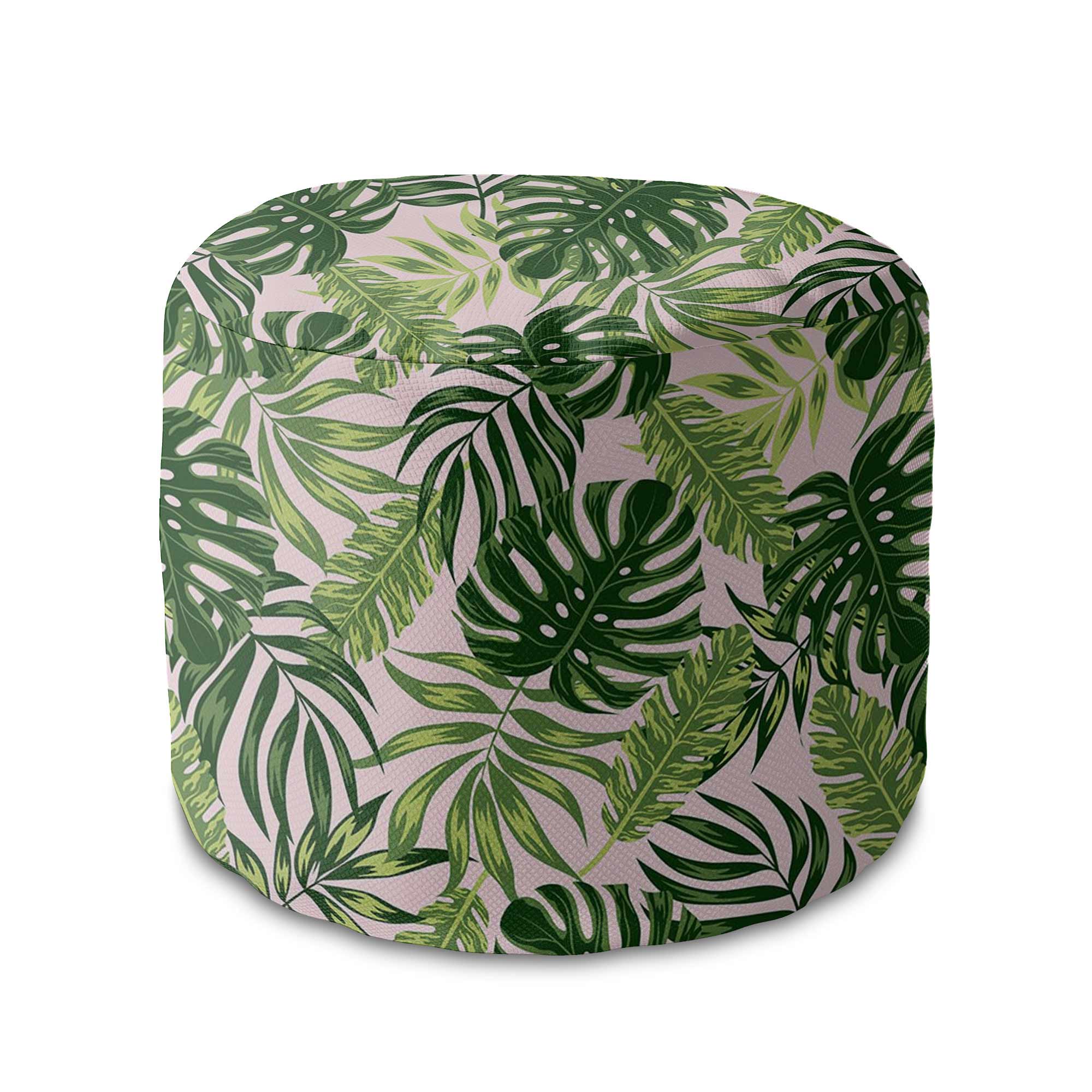 Round Pouf Footstool Tropical Jungle Leaves-Velvet