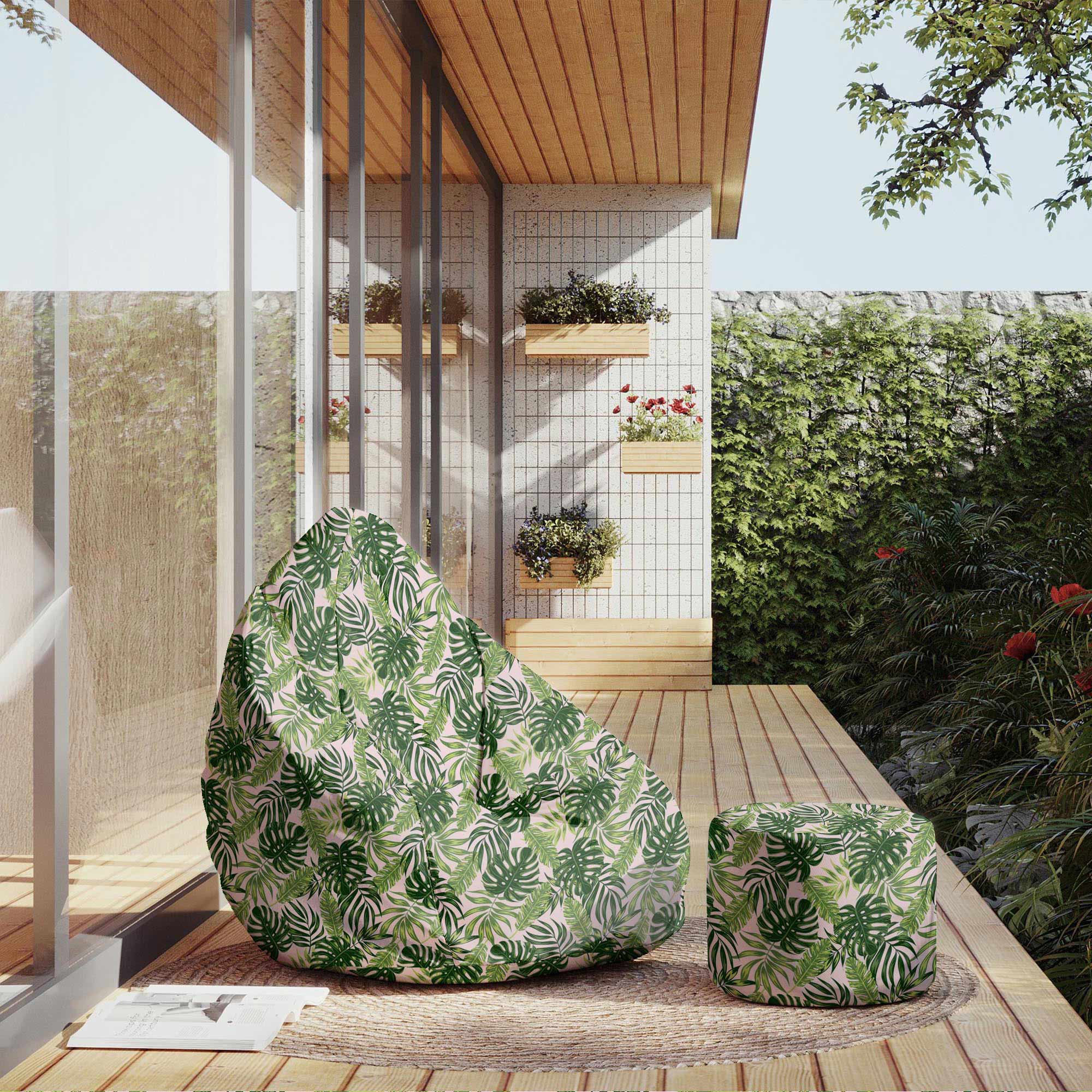 Round Pouf Footstool Tropical Jungle Leaves