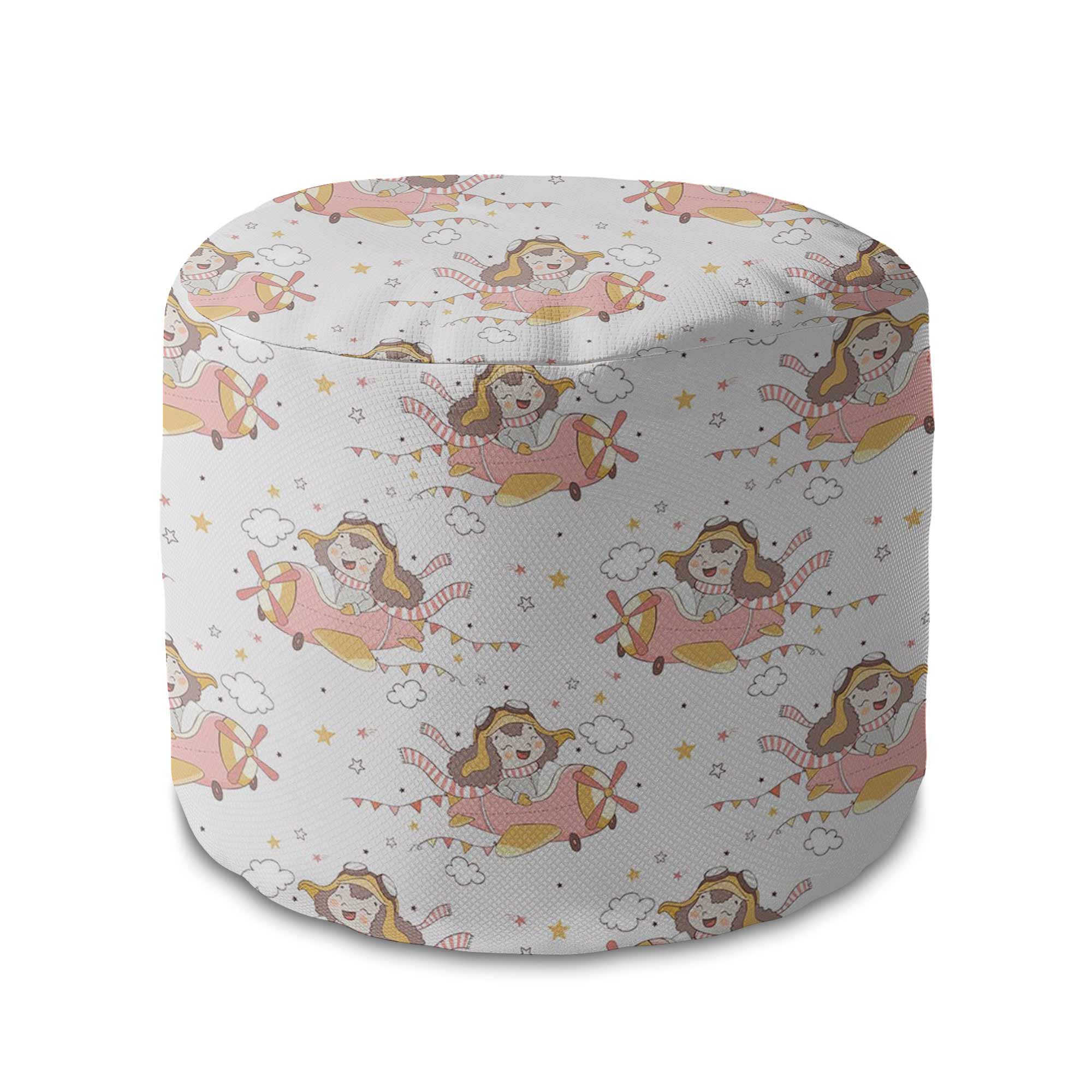 Round Pouf Footstool Happy Girl in the Plane-Oxford