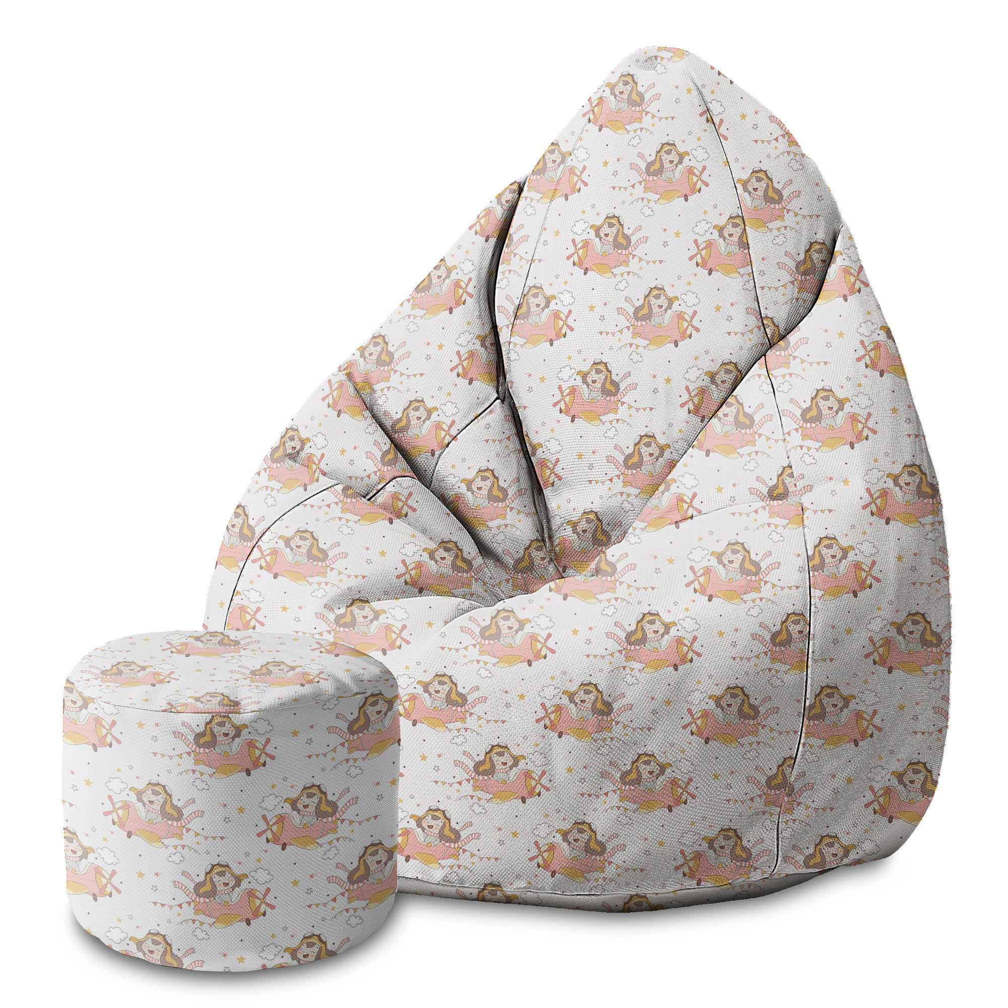 Round Pouf Footstool Happy Girl in the Plane-Velvet
