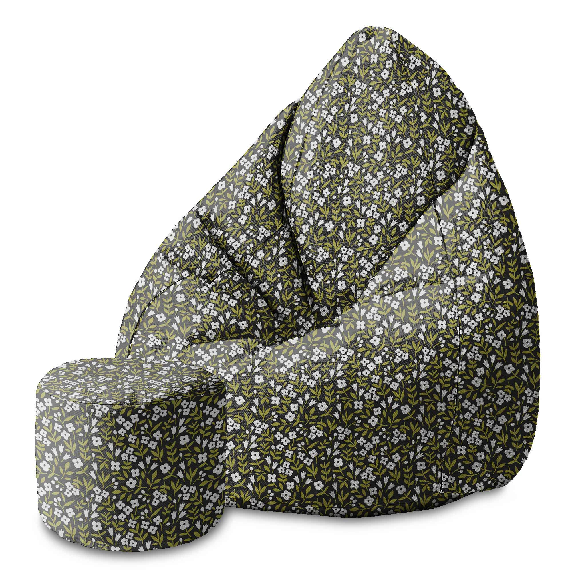 Round Pouf Footstool White Flower Meadow