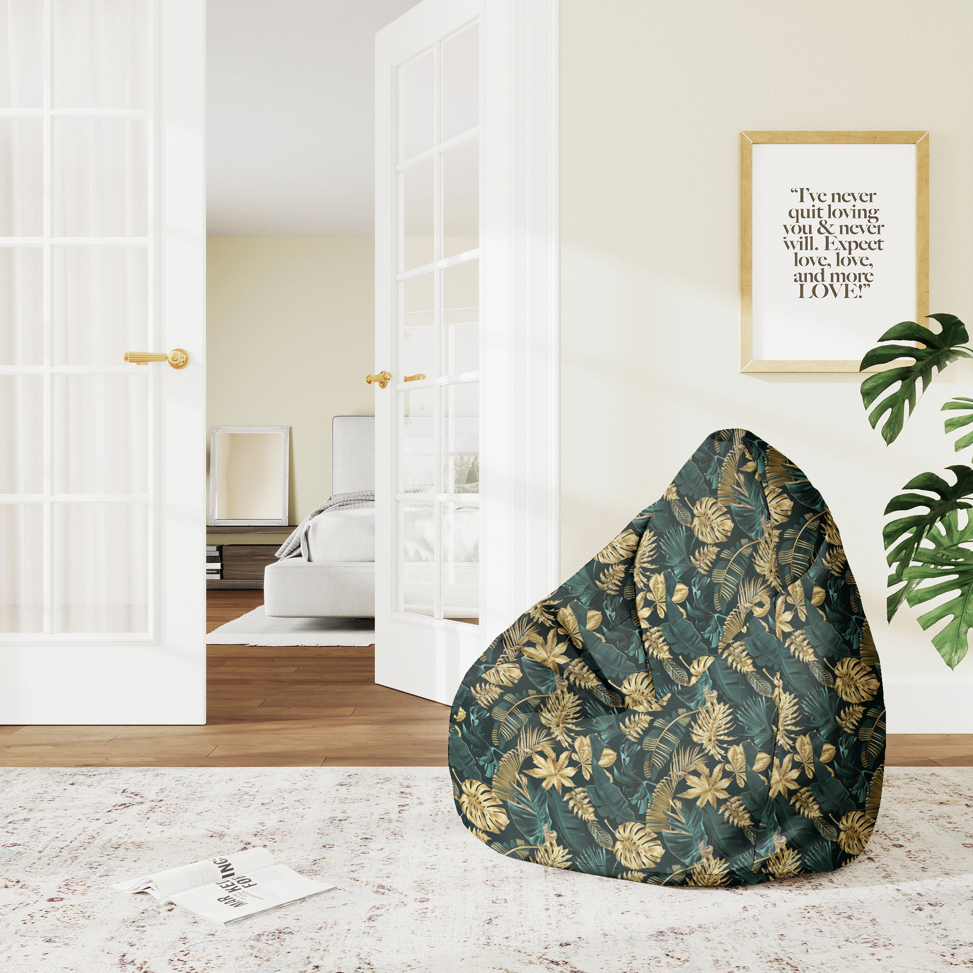 Puf Pearshape Monstera Gold Green-M-Velvet