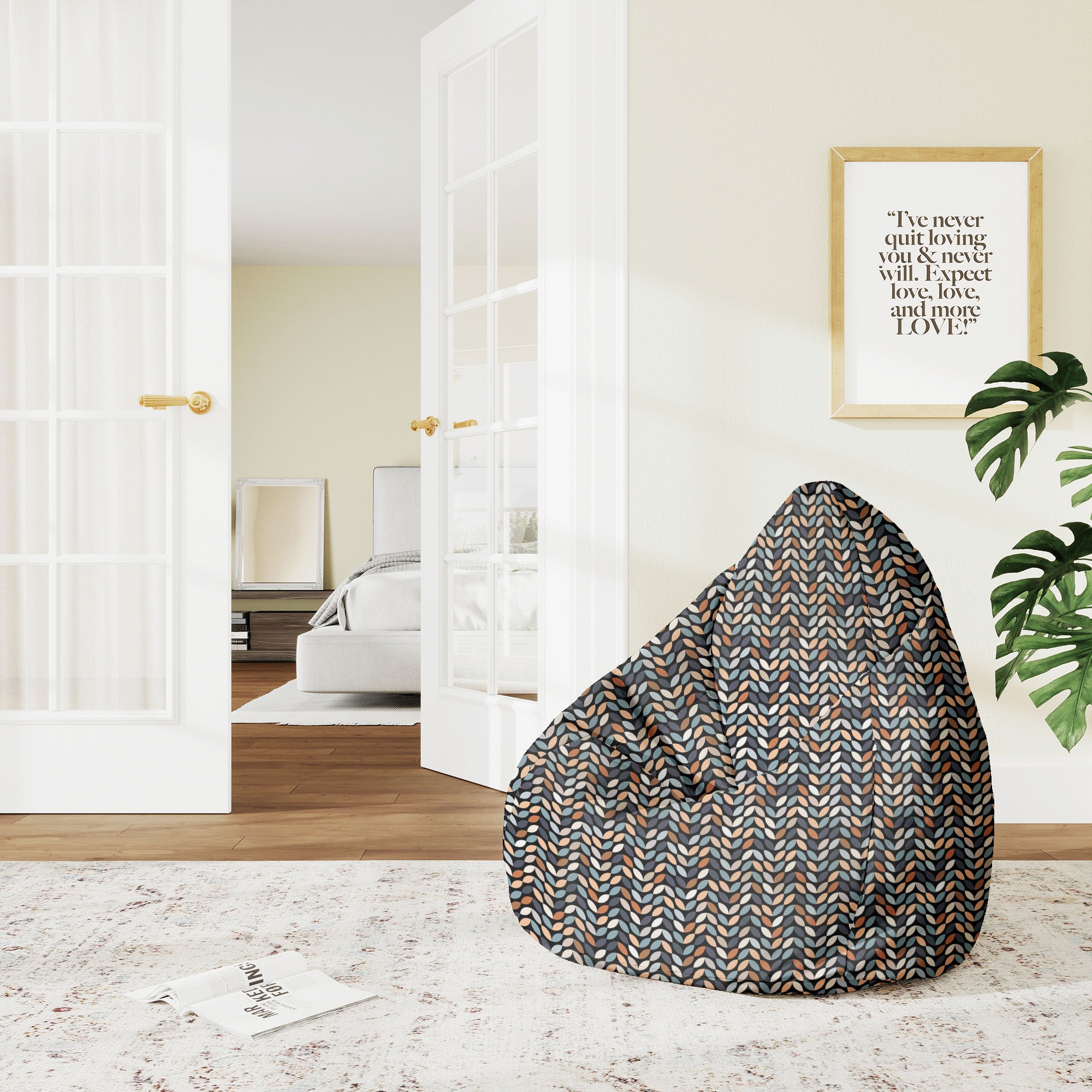 Pearshape Retro Black Leaves Pouf