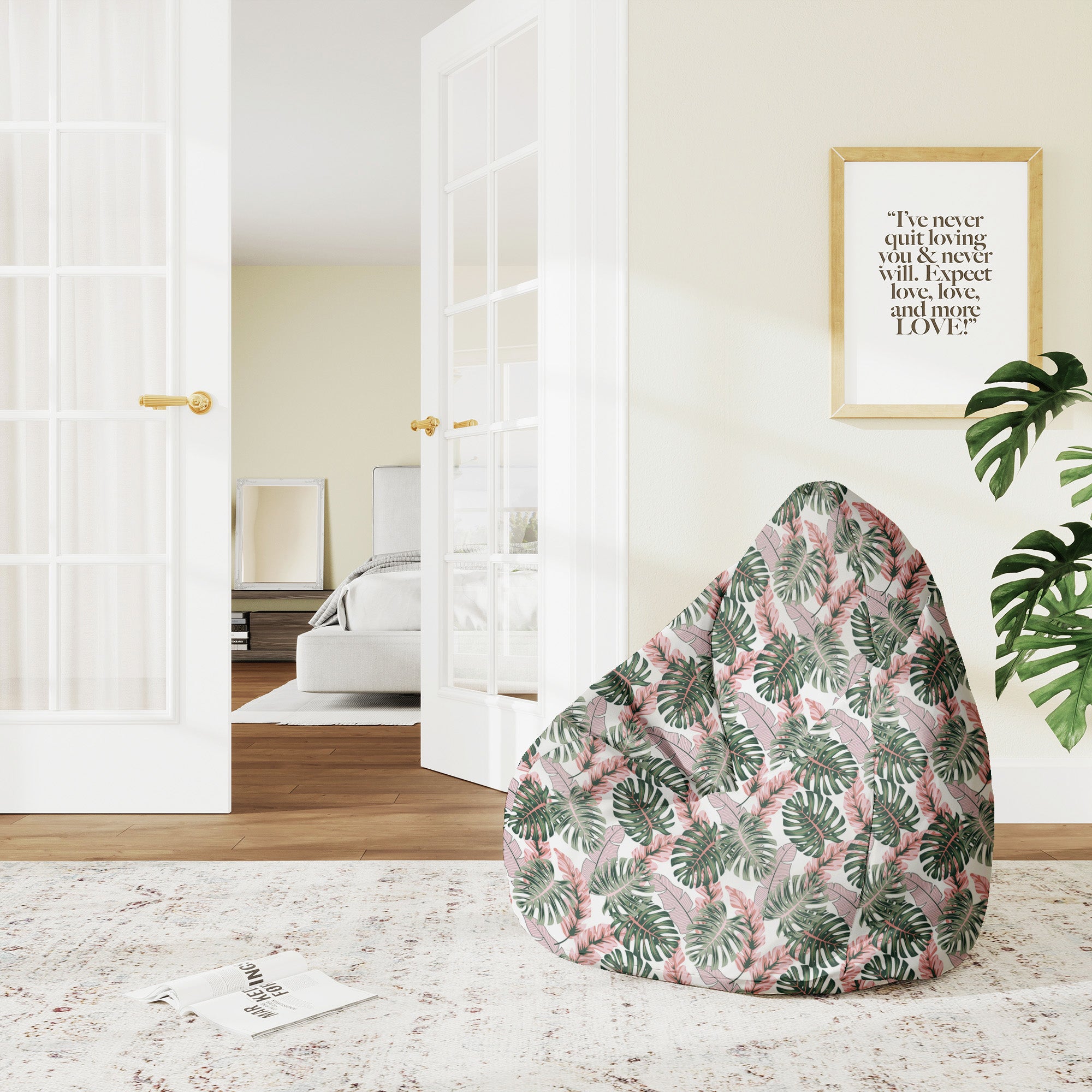 Pearshape Pouf Tropical Pink and Green Leaves-M-Velvet