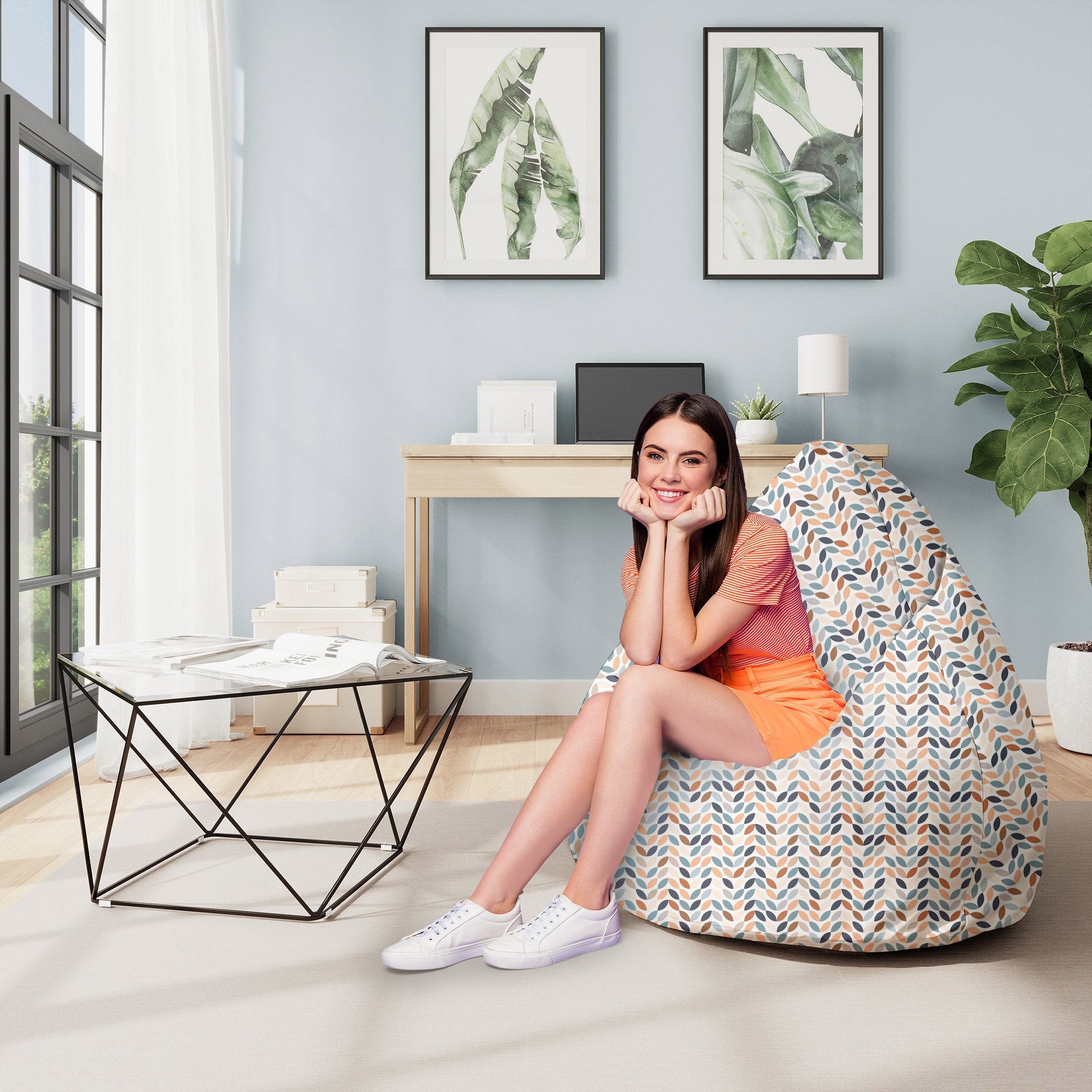 Pearshape Pouf White Leaves-M-Oxford