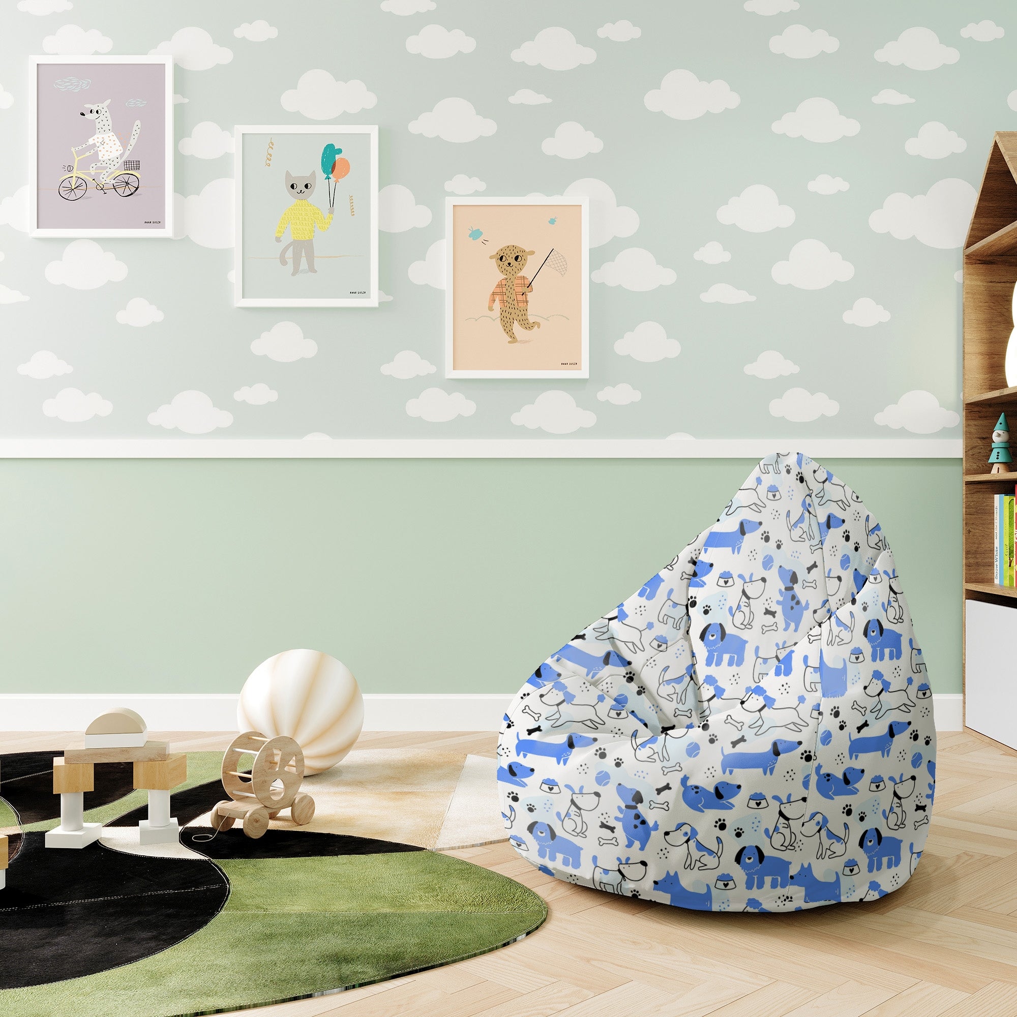 Pearshape Pouf Blue Dogs-S-Velvet