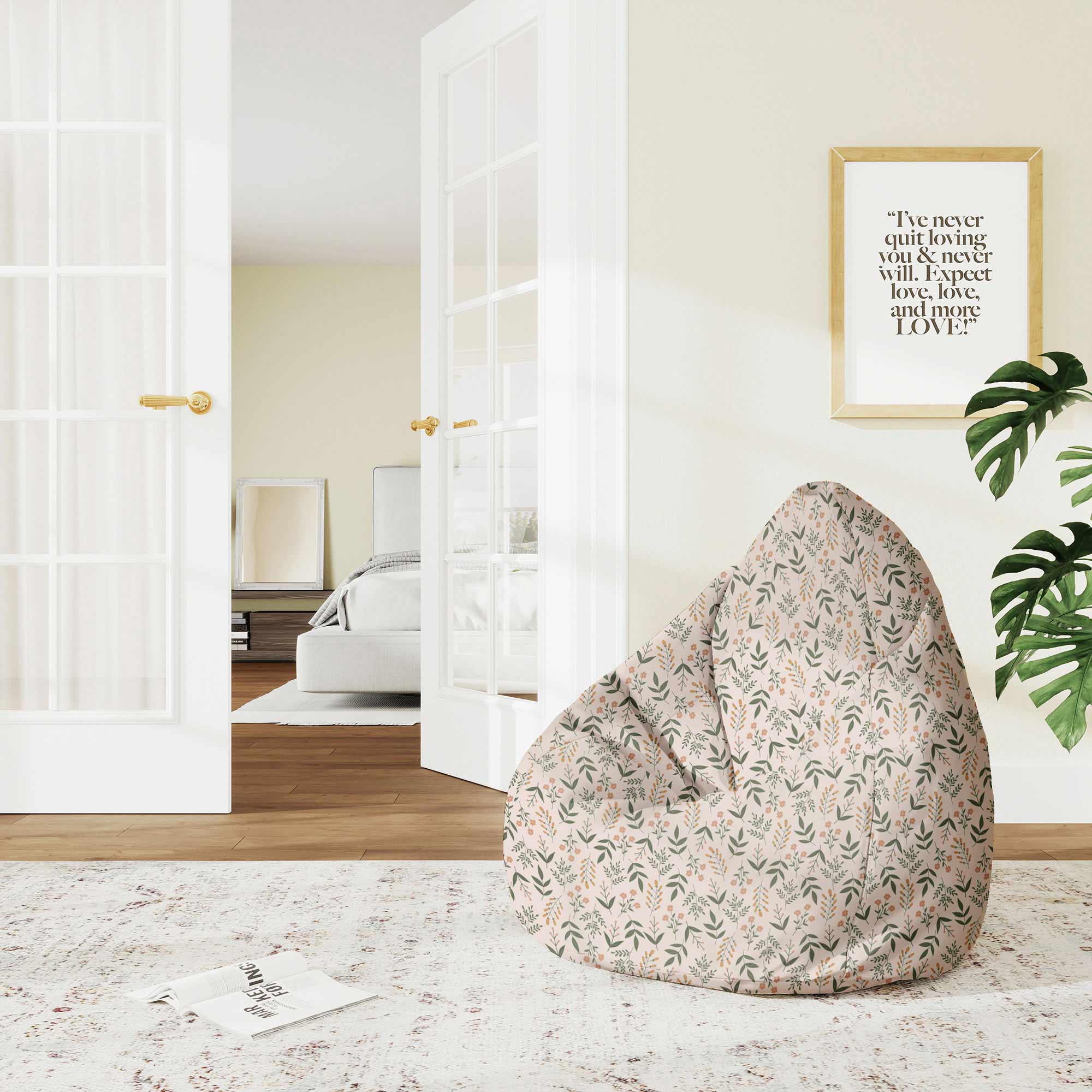 Pearshape Botanical Beige Pattern Pouf-M-Oxford