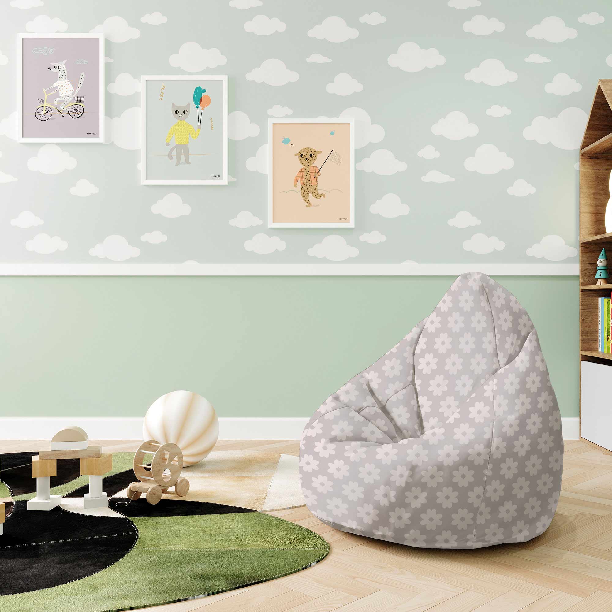 Pearshape Pouf Daisies on Grey-S-Velvet