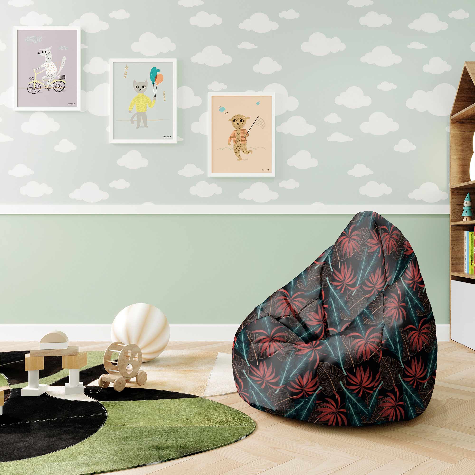 Pearshape Pouf Exotic Leaves on Dark-S-Velvet