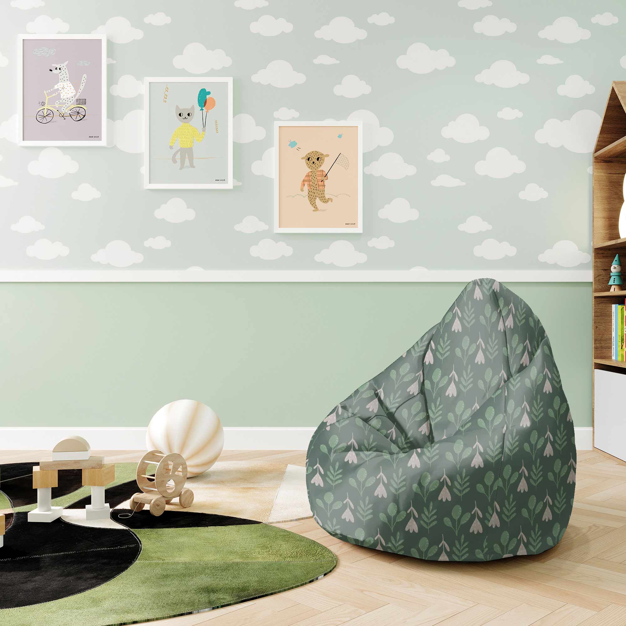 Pearshape Folk Flowers on Green Pouf-S-Oxford