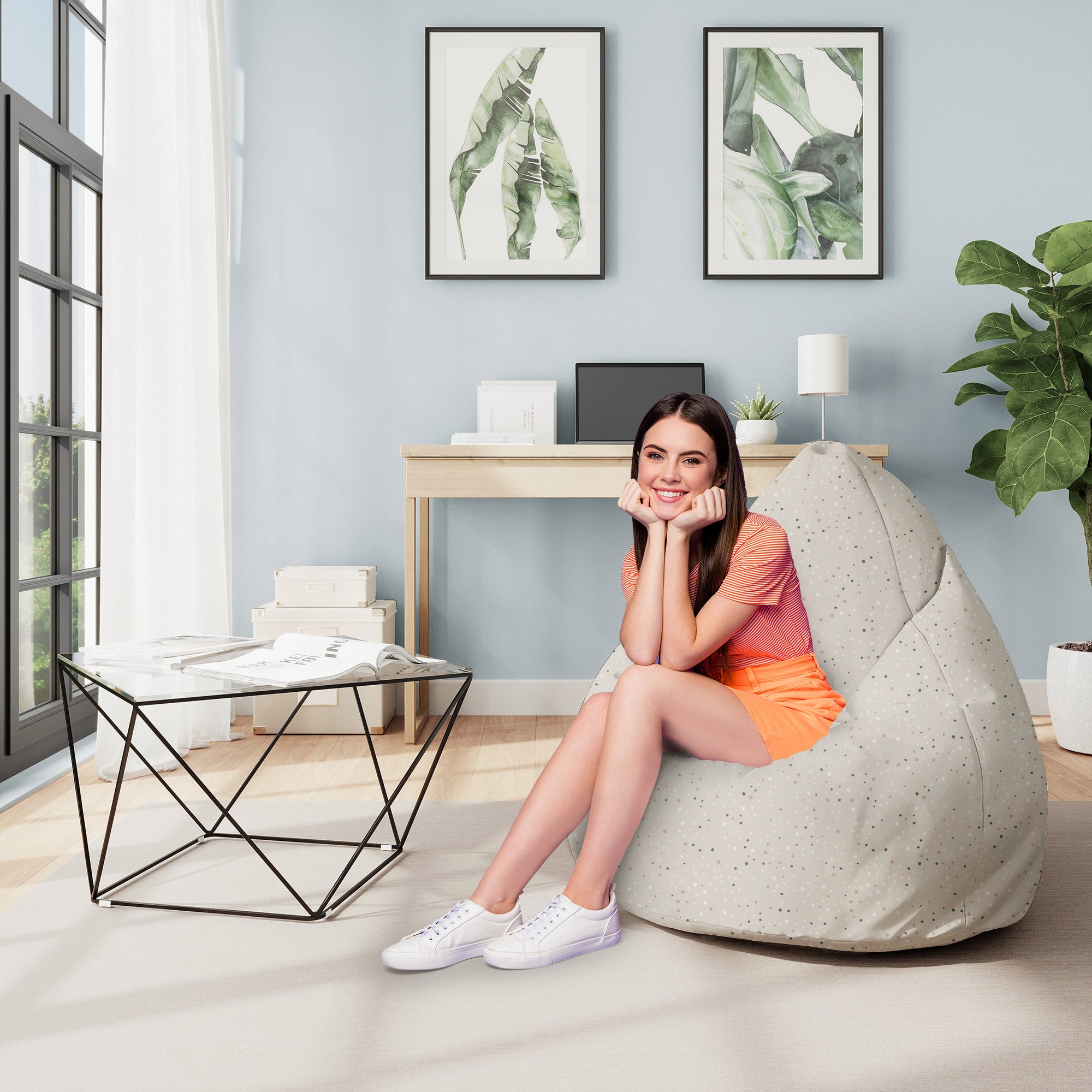Pearshape Pouf Beige Print with Dots-M-Oxford