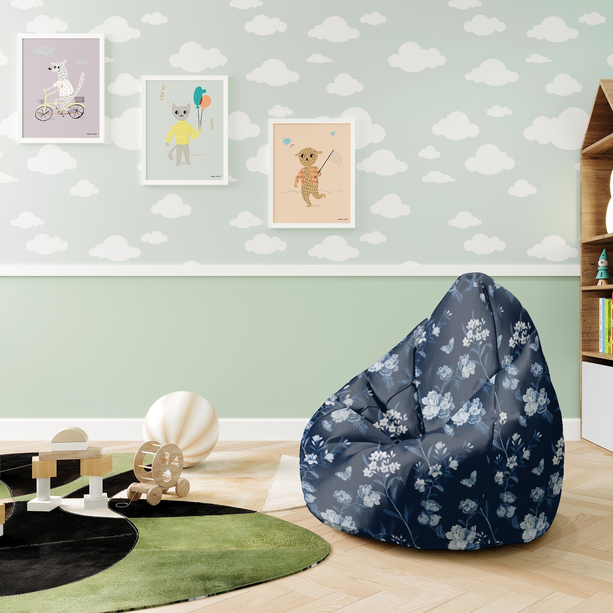 Pearshape Pouf Blue Botanical-S-Velvet