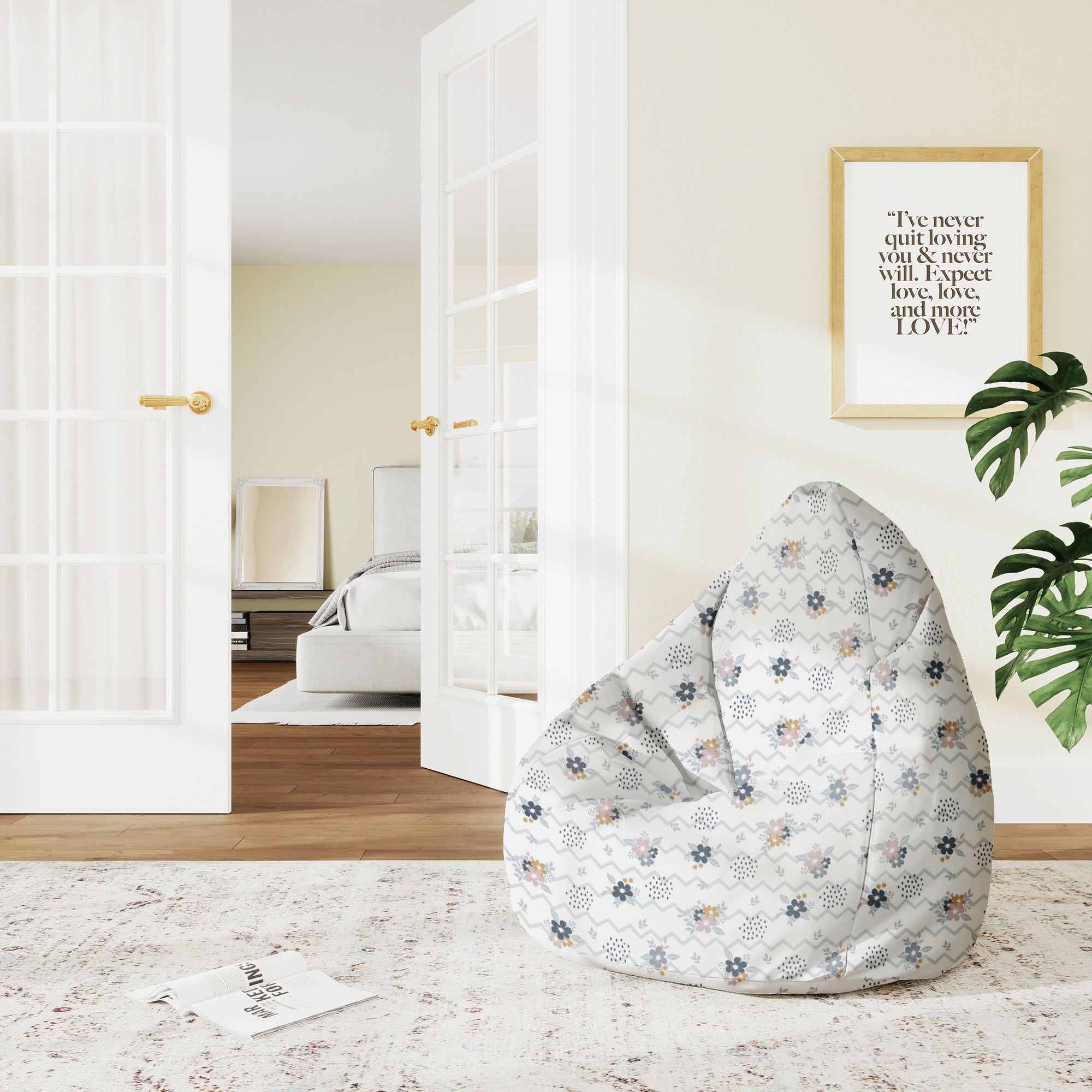 Sedací vak Pearshape Chevron a kvety-M-Oxford