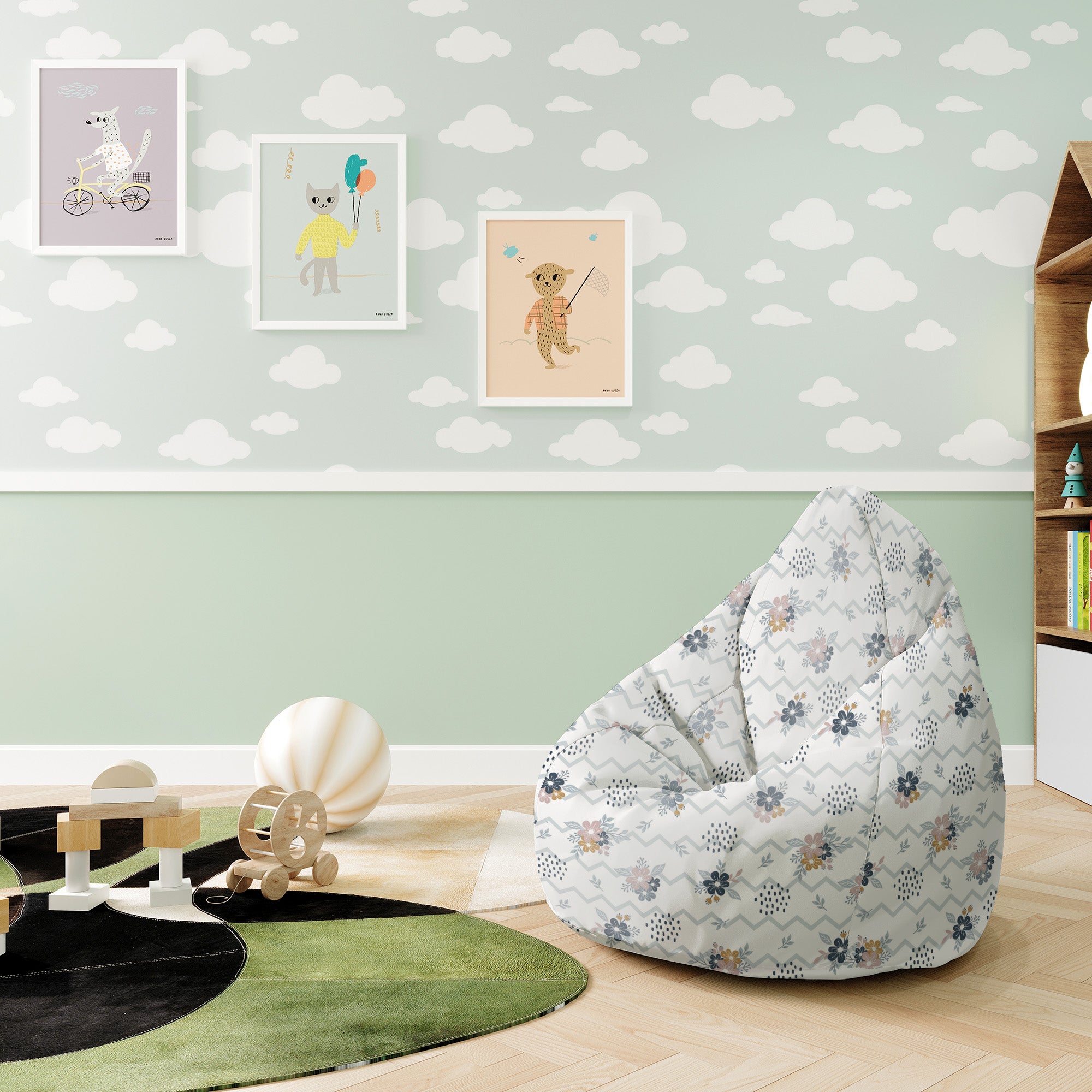 Puf Birnenform Chevron und Blumen-S-Samt