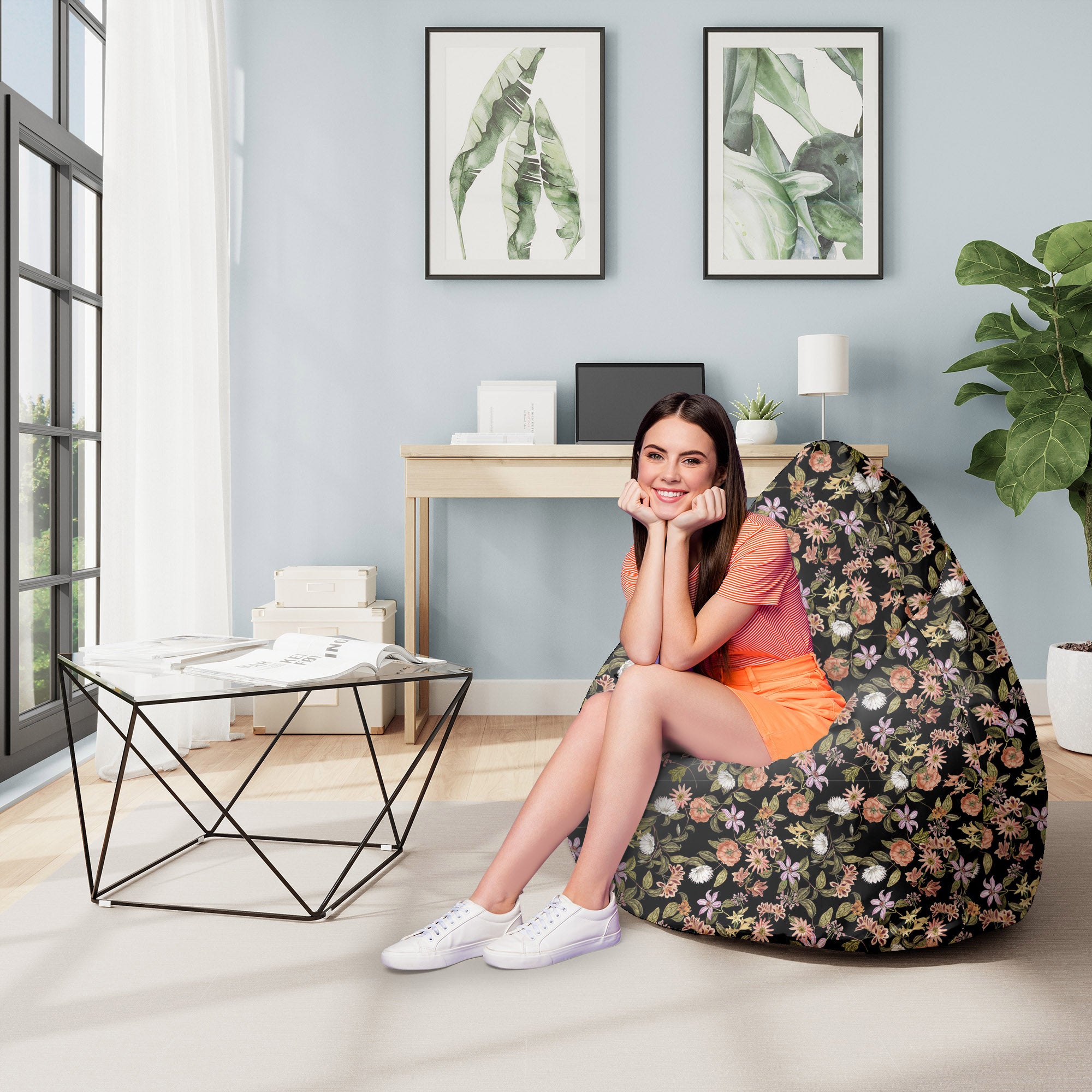 Pearshape Dark Jungle Pattern Pouf-M-Velvet