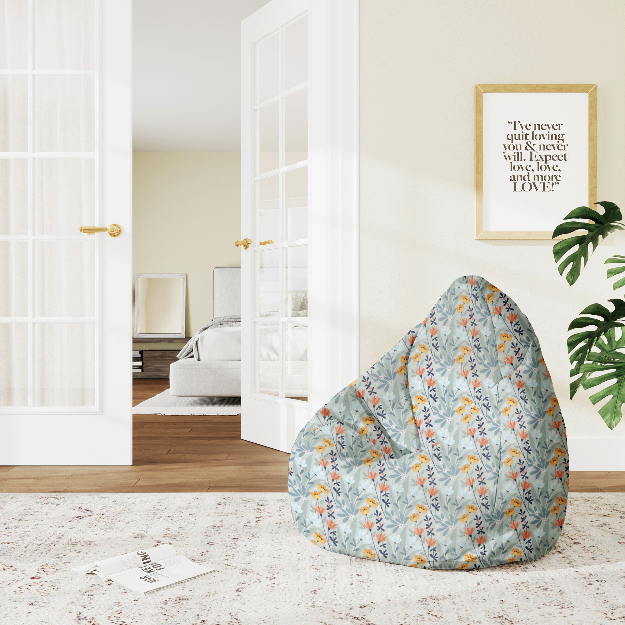 Pearshape Pouf Hand-drawn Flowers-M-Oxford