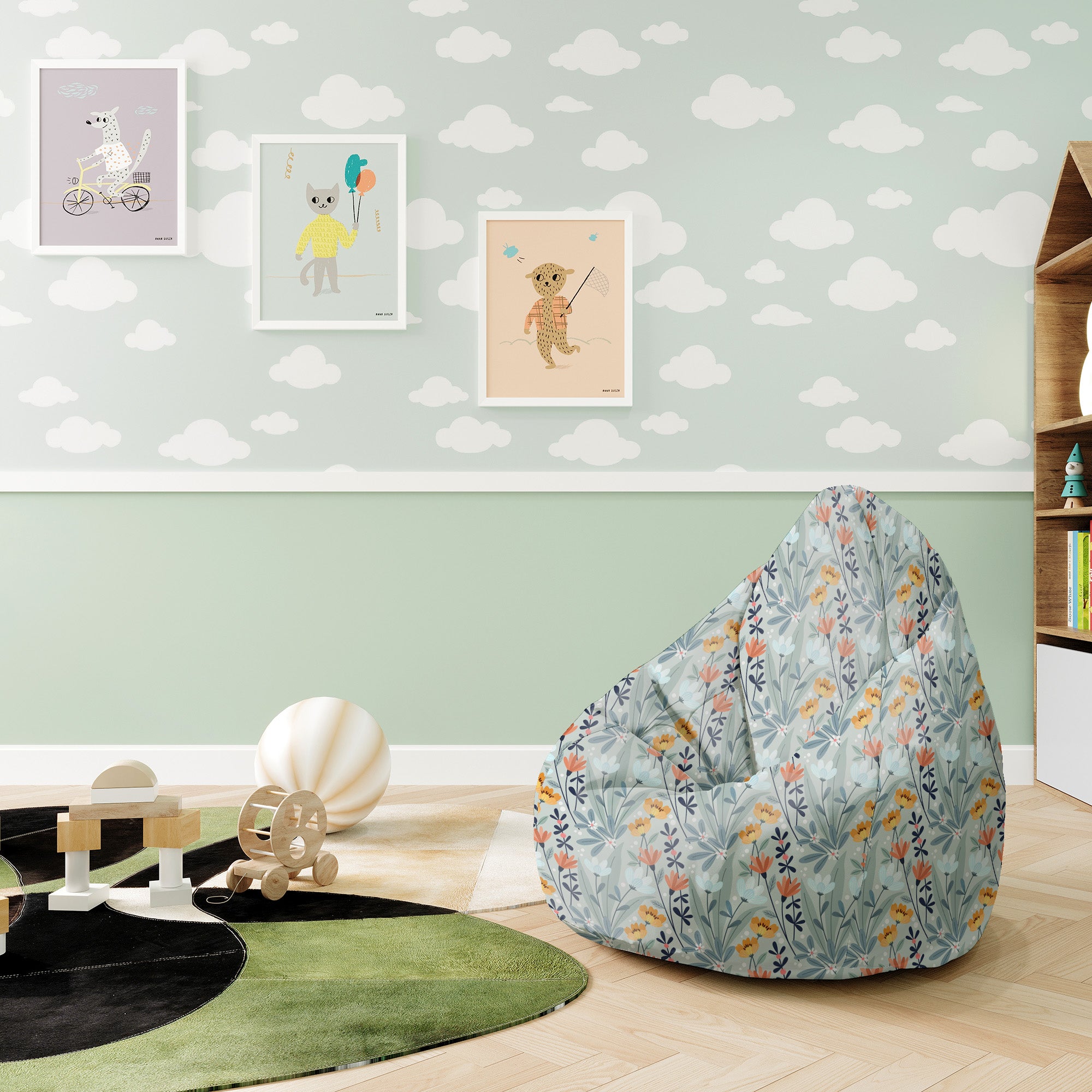 Pearshape Pouf Hand-drawn Flowers-S-Velvet