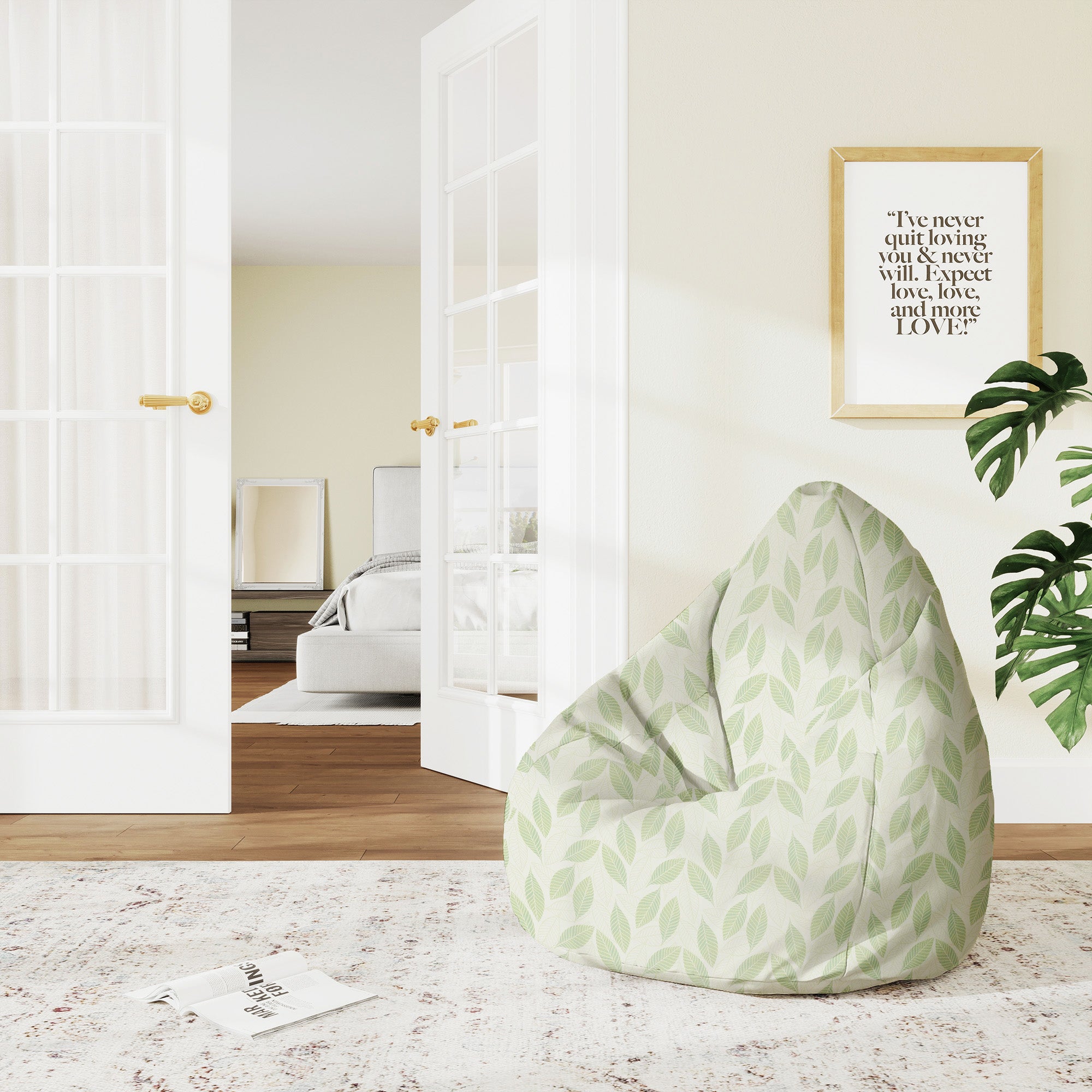 Pearshape Pouf Light Green Leaves-M-Velvet
