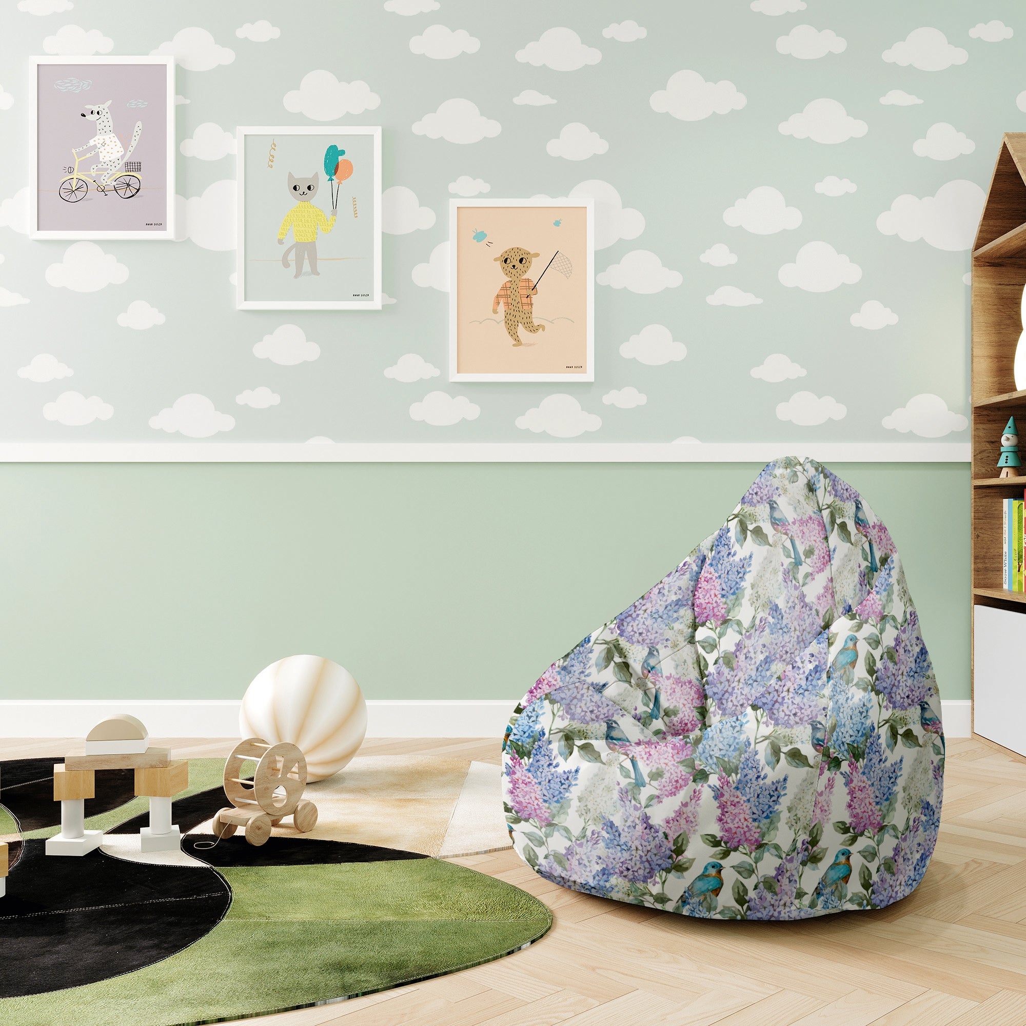 Pearshape Pouf Birds in Flowers-S-Oxford