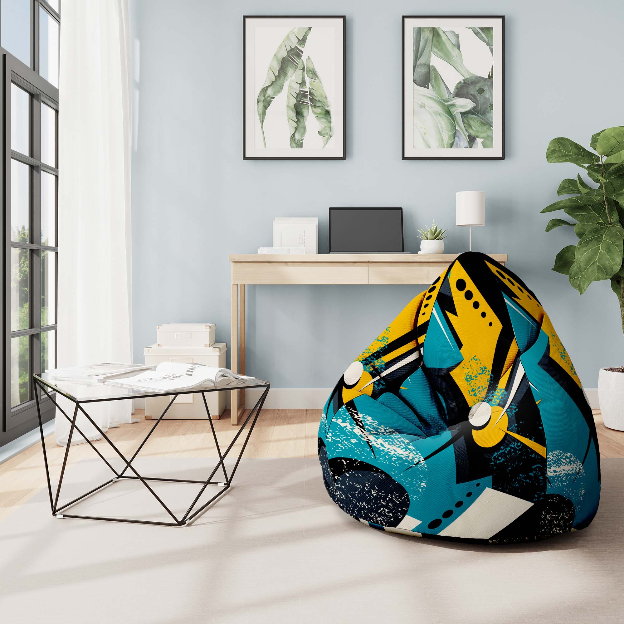 Pearshape Pouf with Footrest Abstract Yellow-Oxford