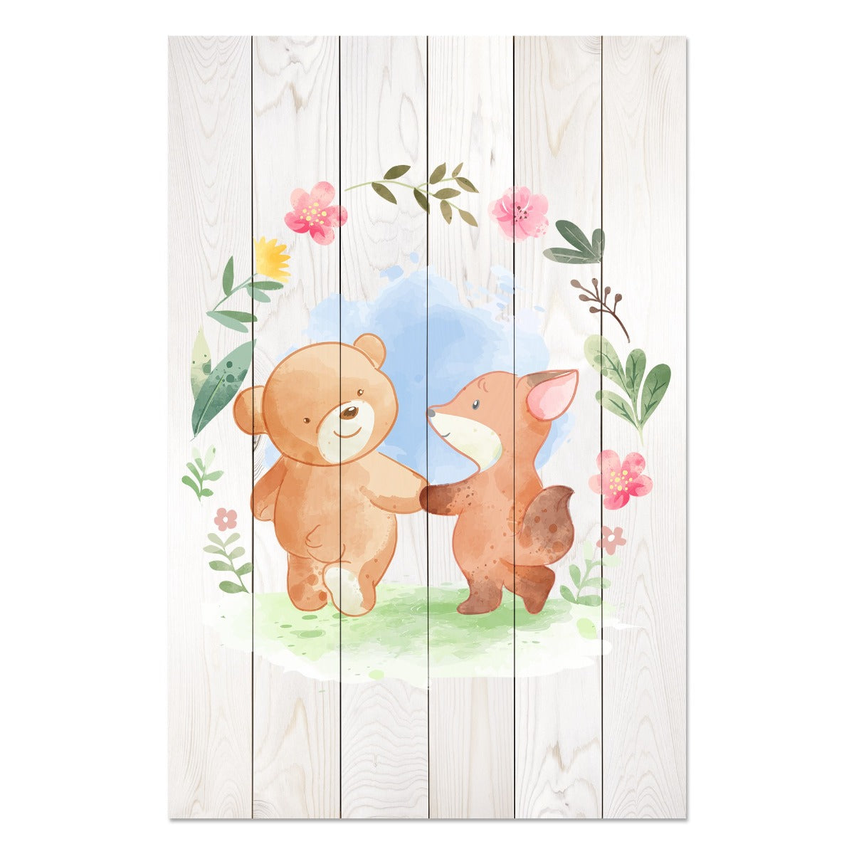 Wood Animal Friends in Flowers Painting
