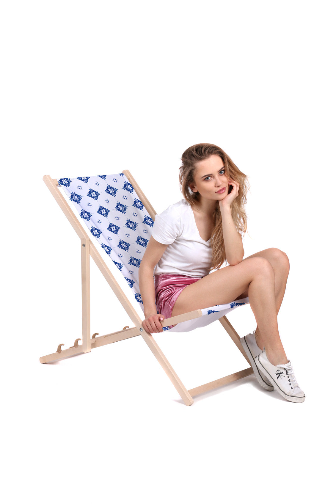 Wooden Deck Chair Blue Tiles