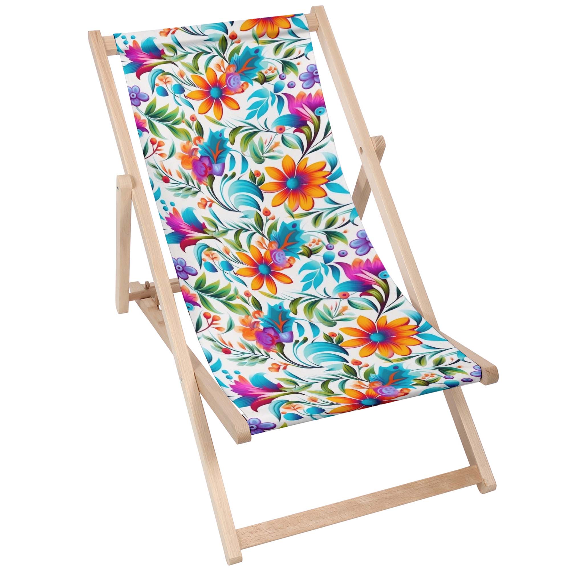 Wooden Deck Chair Colorful Floral Pattern