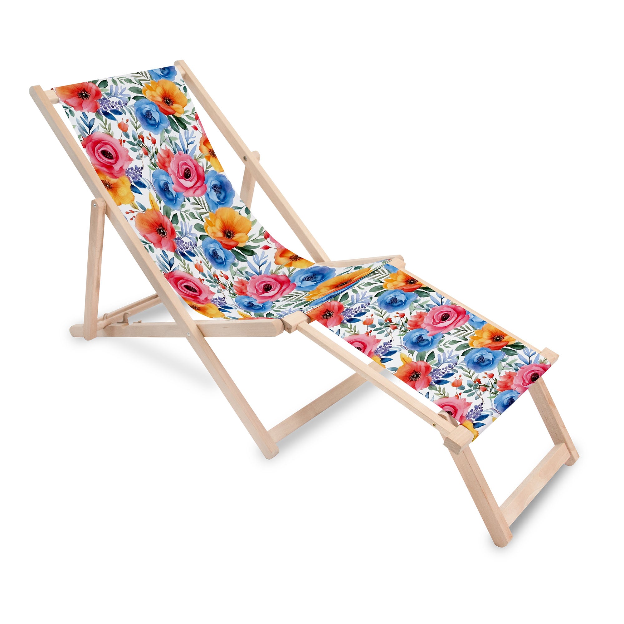 Wooden Deck Chair with Footrest Colorful Flowers