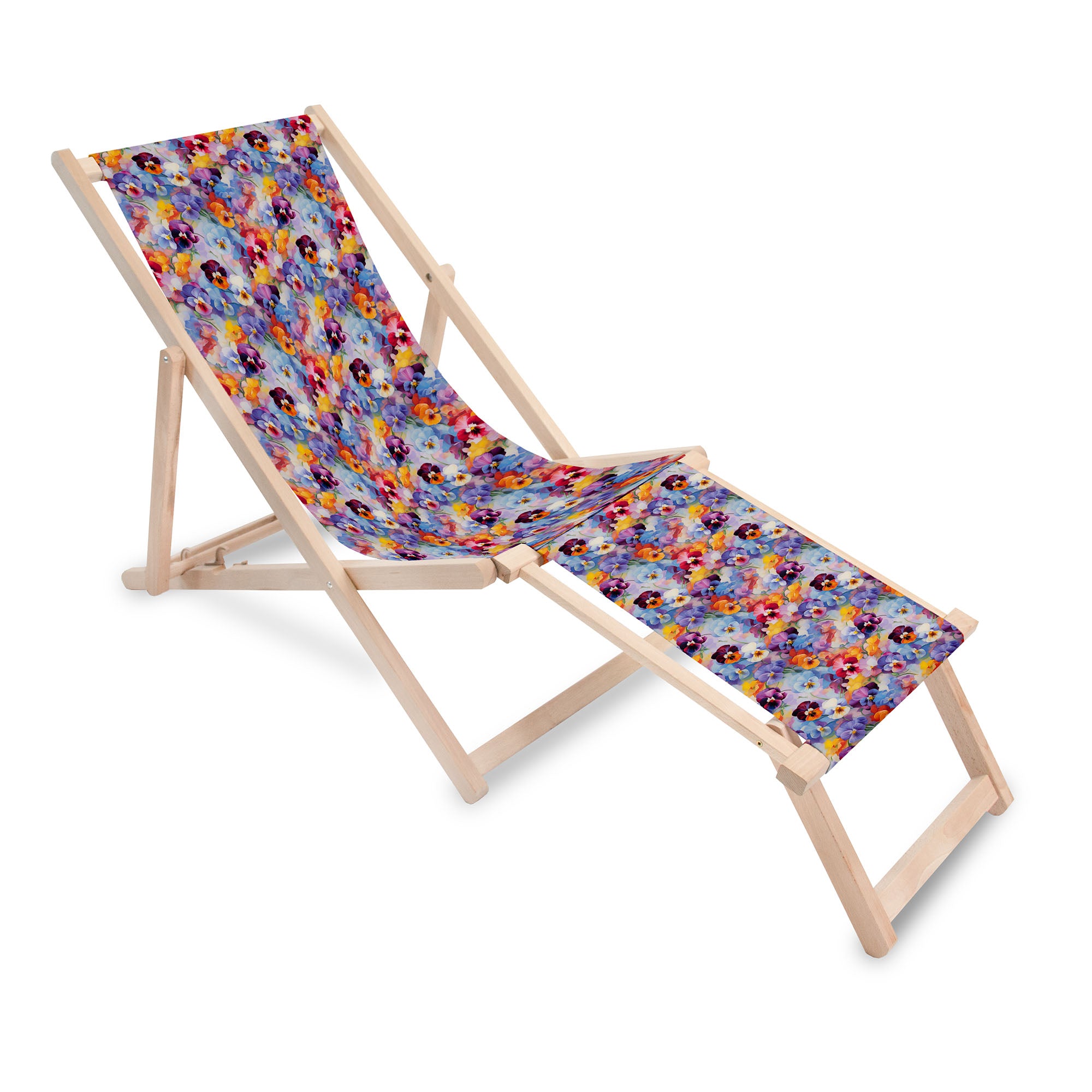 Wooden Deck Chair with Footrest Colorful Flowers Pattern