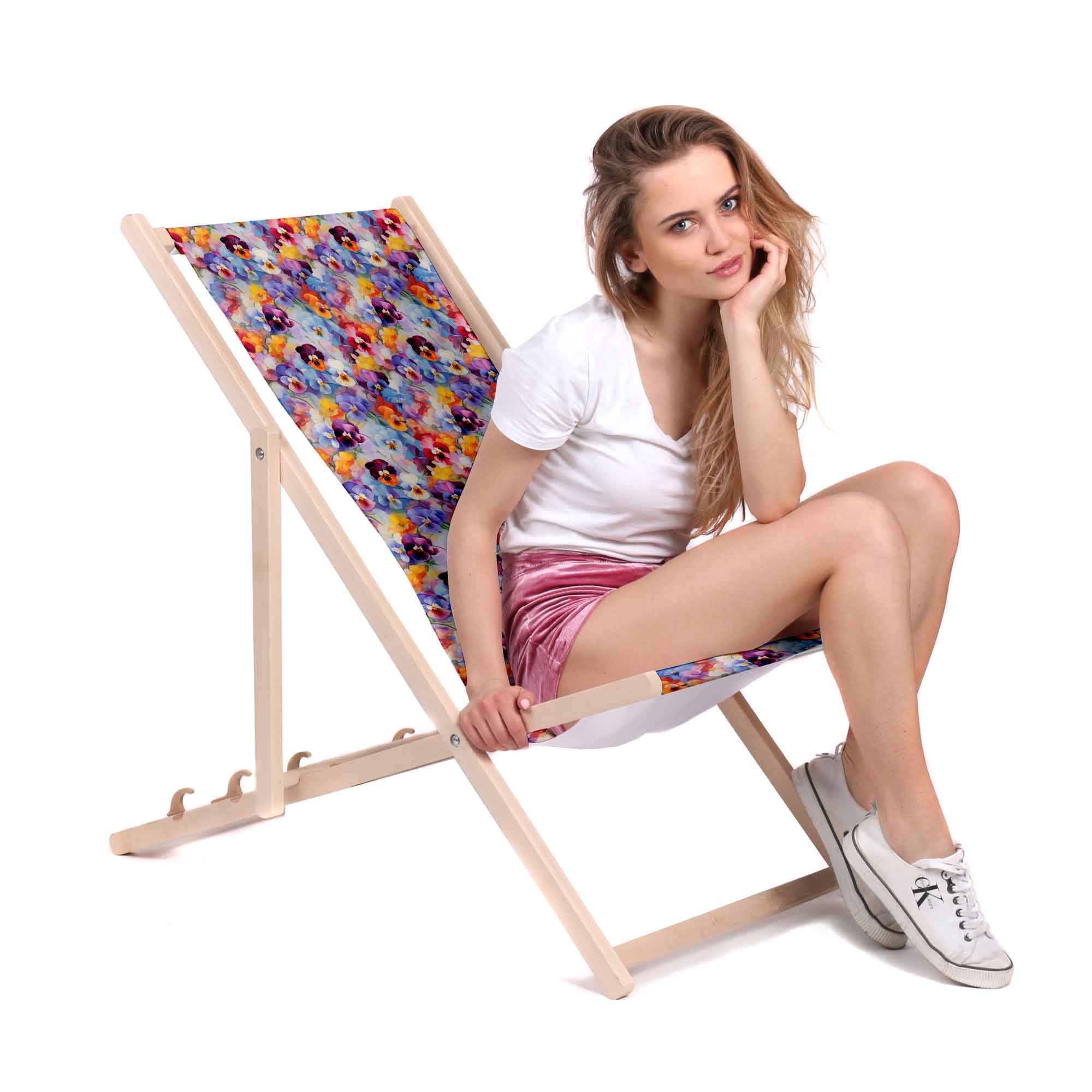 Wooden Deck Chair Colorful Flowers Pattern-M