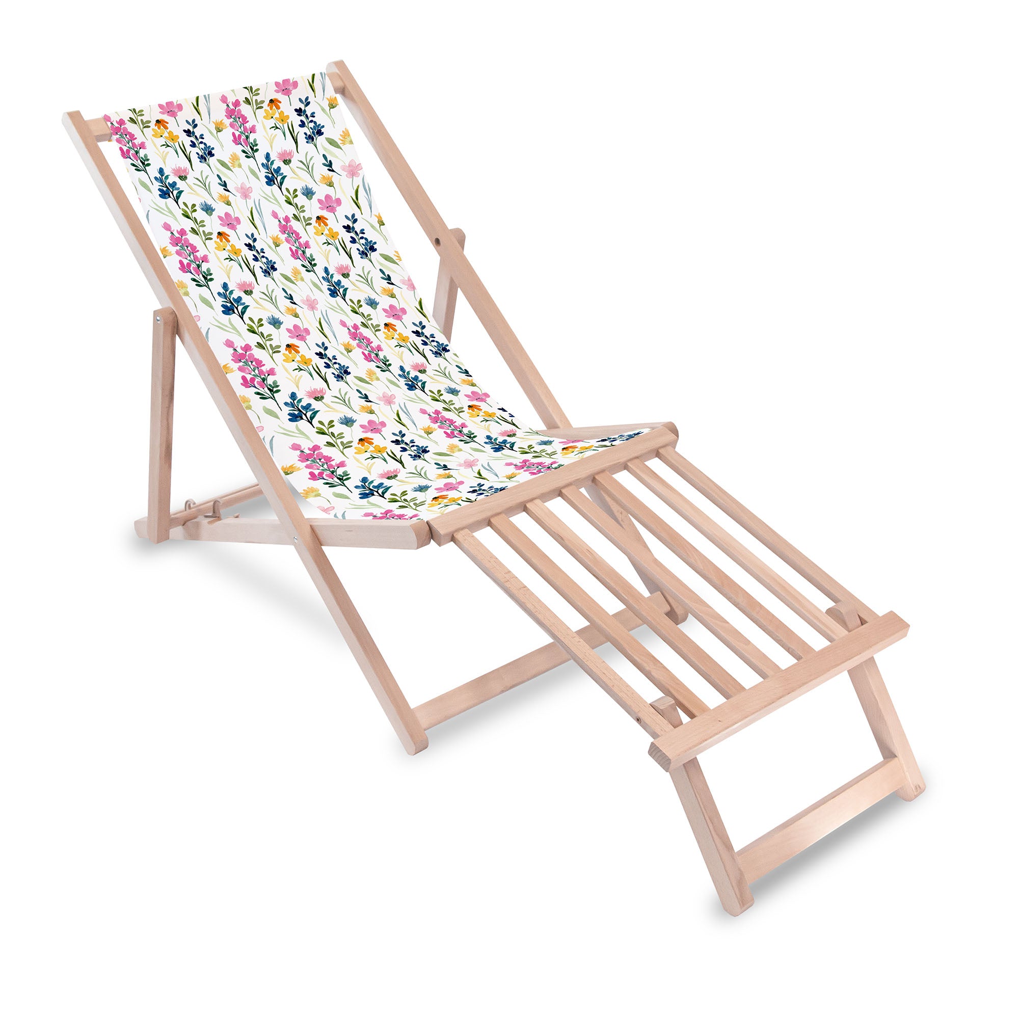 Wooden Deck Chair with Wooden Footrest Colorful Wildflower