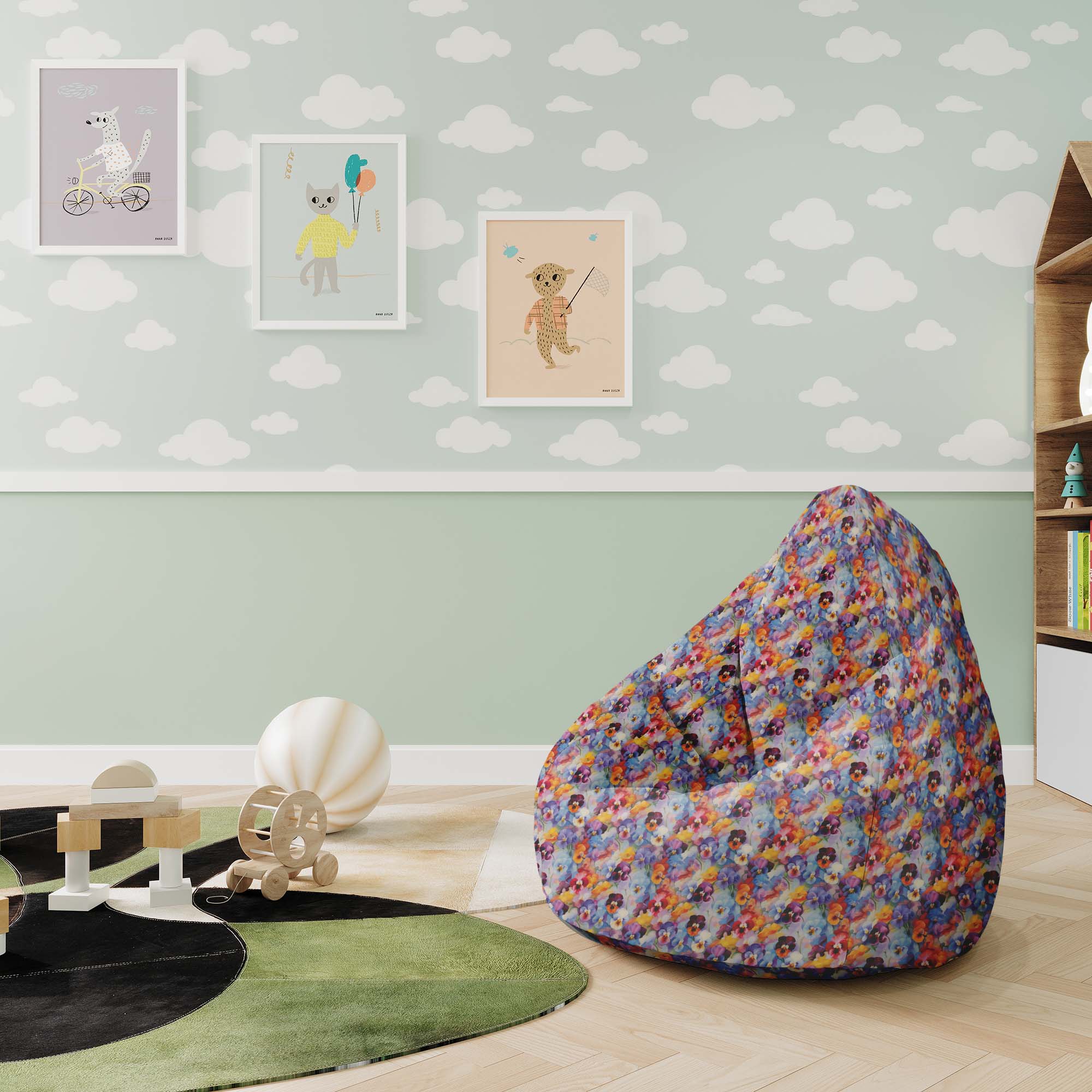 Pearshape Pouf Colorful Flowers Pattern-S-Velvet
