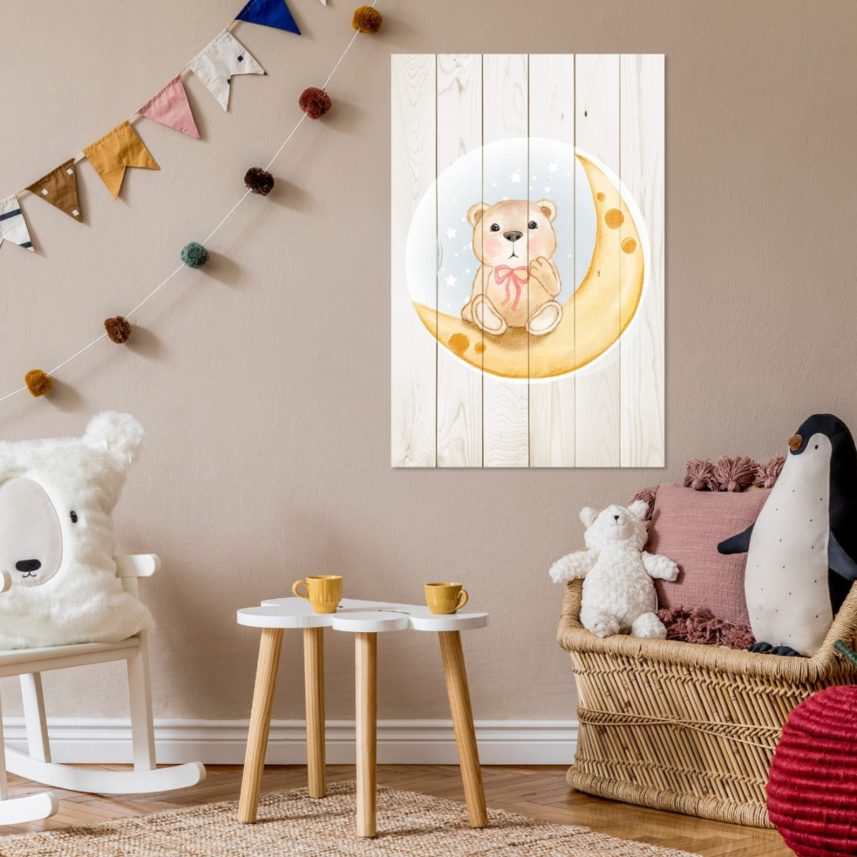 Obraz Wood Roztomilý Medveď sediaci na Mesiaci Akvarel-20x30 cm