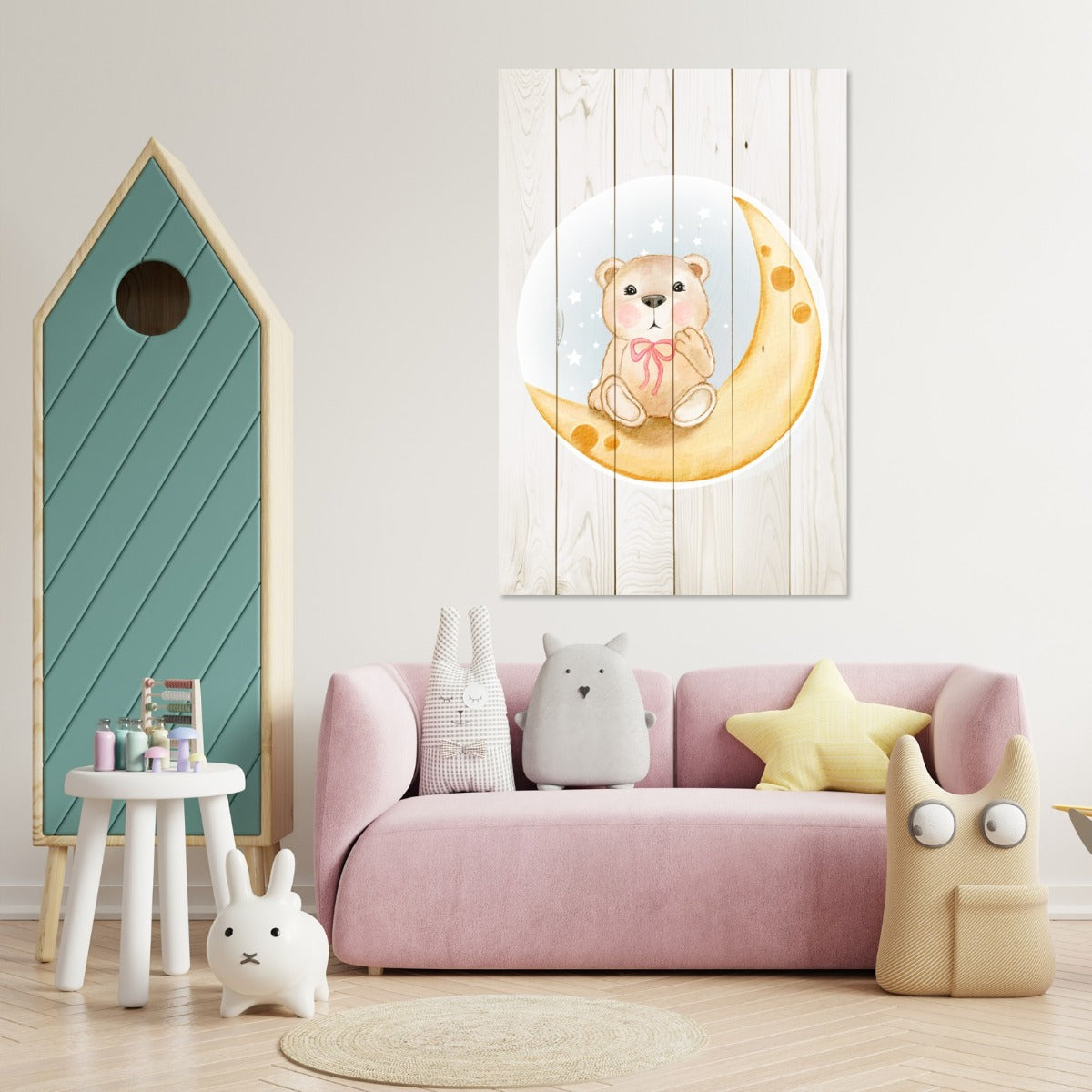 Obraz Wood Roztomilý Medveď sediaci na Mesiaci Akvarel-60x90 cm