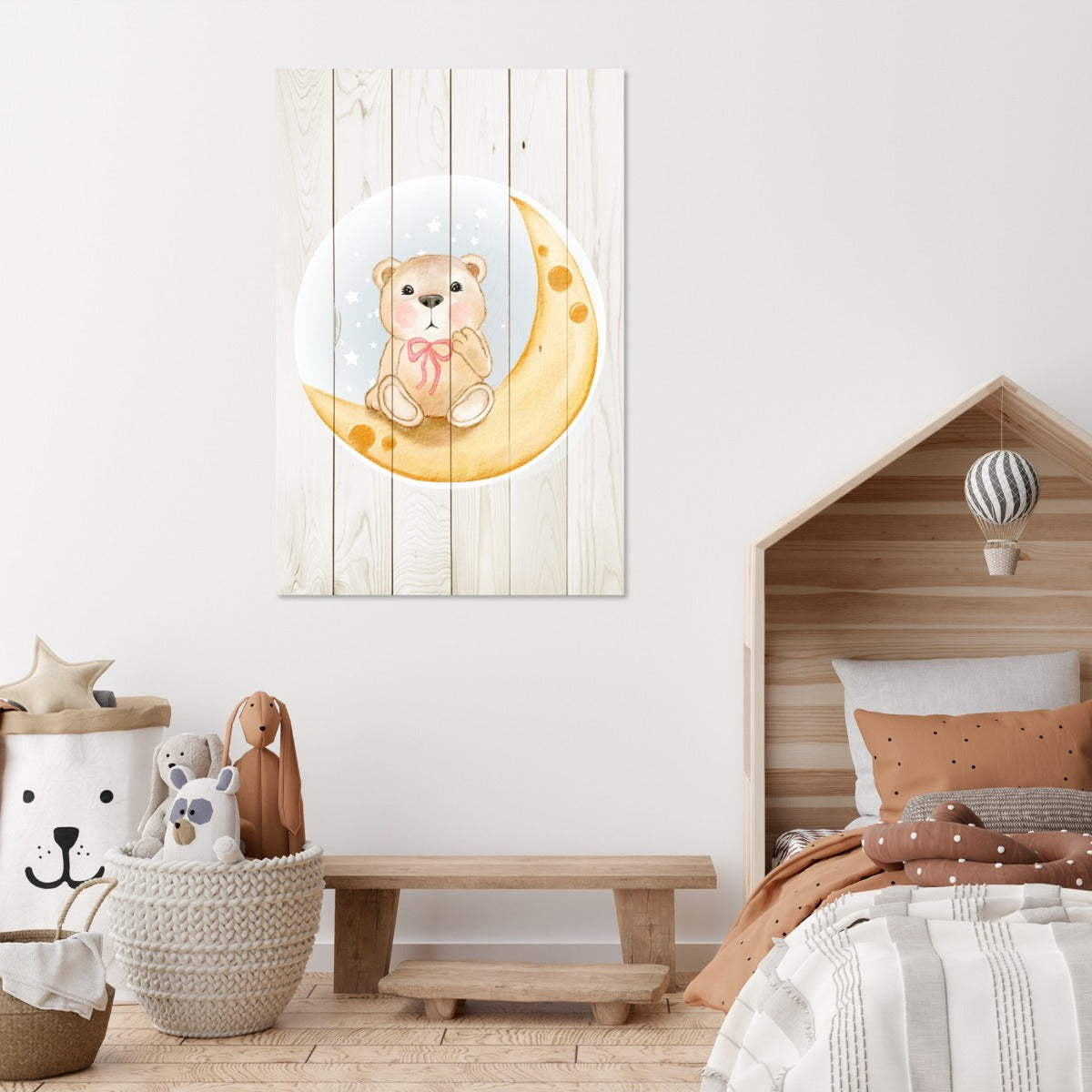 Obraz Wood Roztomilý Medveď sediaci na Mesiaci Akvarel-60x90 cm
